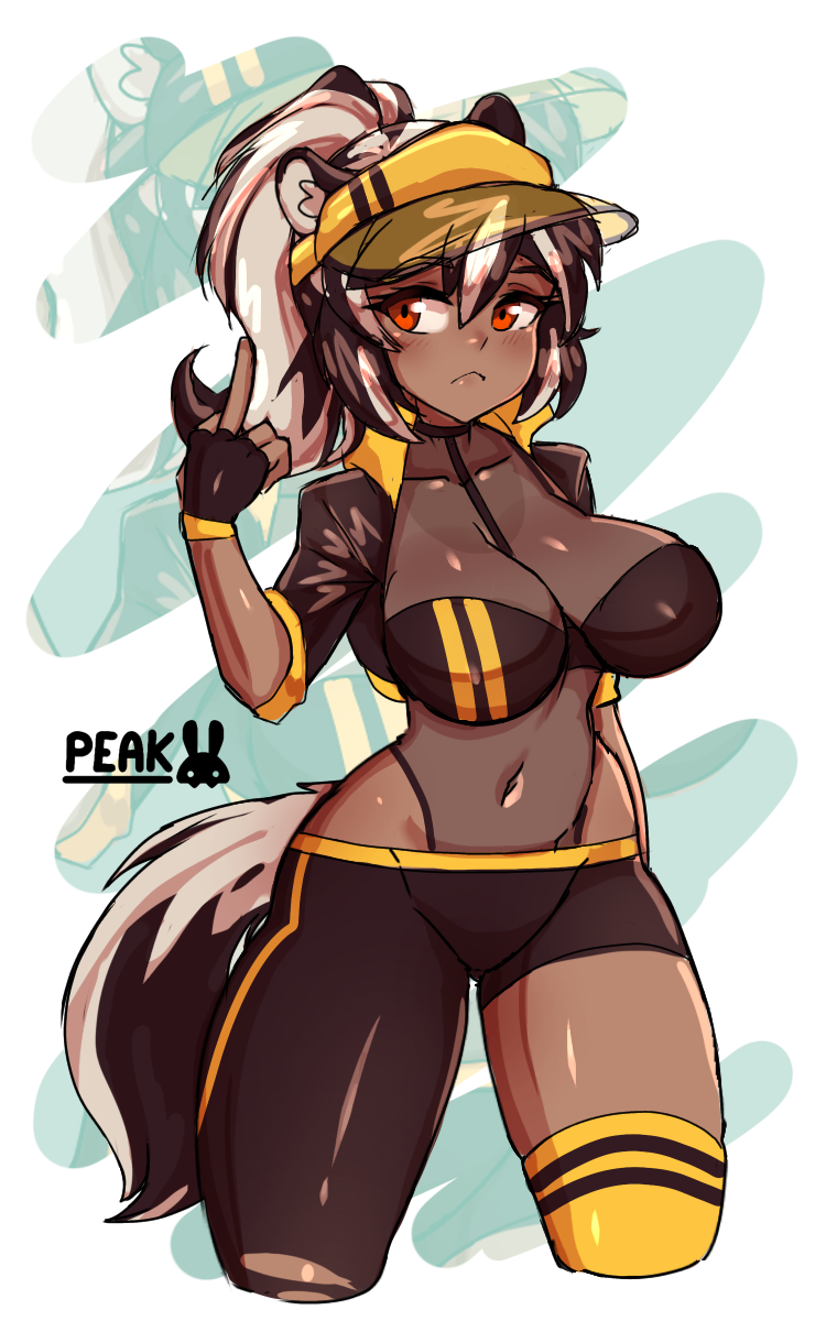 artist_signature badger_girl badger_tail black_hair clothed dark_skin large_breasts middle_finger oc orange_eyes original_character peakedcomedy simple_background sun_visor tail tanline two_tone_hair white_hair