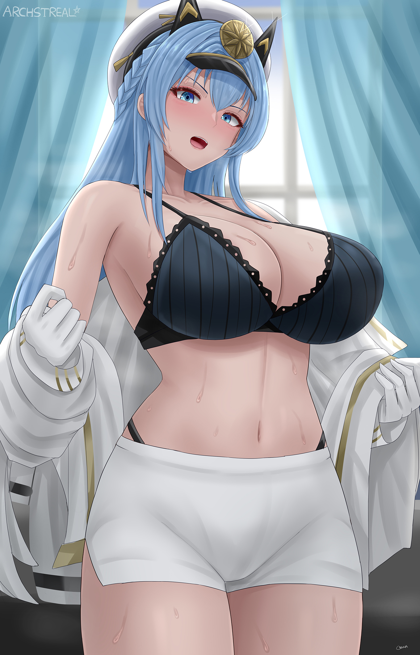 1girls, archstreal, artist name, bangs, black bra, black panties, blue eyes, blue hair, blush, bra, braid, breasts, cleavage, cowboy shot, curtains, female, gloves, goddess of victory: nikke, headwear, helm (nikke), large breasts, light skin, light-skinned female, long hair, looking at viewer, military, military hat, military uniform, navel, open clothes, open mouth, panties, shorts, sweat, undressing, white gloves, white headwear, white shorts, window