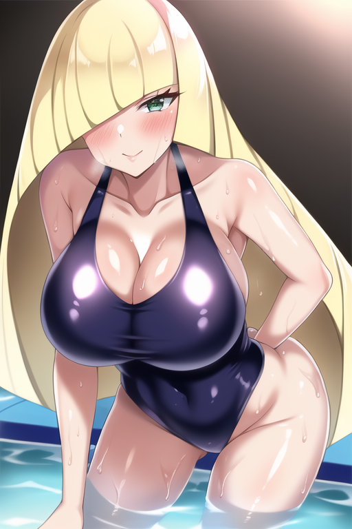 1girls, ai generated, blonde hair, breasts, competition swimsuit, female, green eyes, highleg swimsuit, huge breasts, light skin, light-skinned female, long hair, lusamine (pokemon), mature female, milf, mommy, mother, nai diffusion, nintendo, one-piece swimsuit, pokemon, pokemon sm, pool, stable diffusion, swimsuit, thick thighs, water, wet, wet body, wide hips