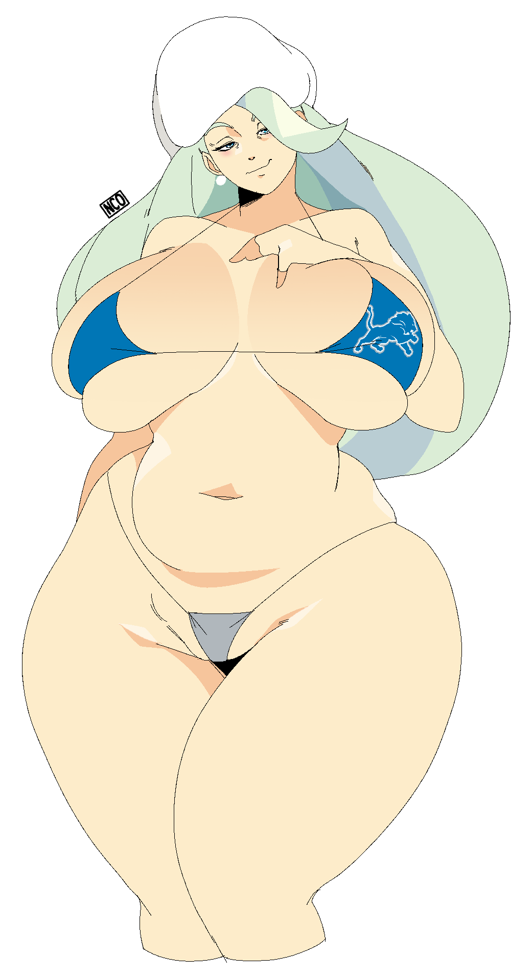 1girls behemaid bikini detroit_lions hat huge_ass huge_breasts long_hair looking_at_viewer melony_(pokemon) milf nfl pokemon pokemon_ss smile thick_thighs