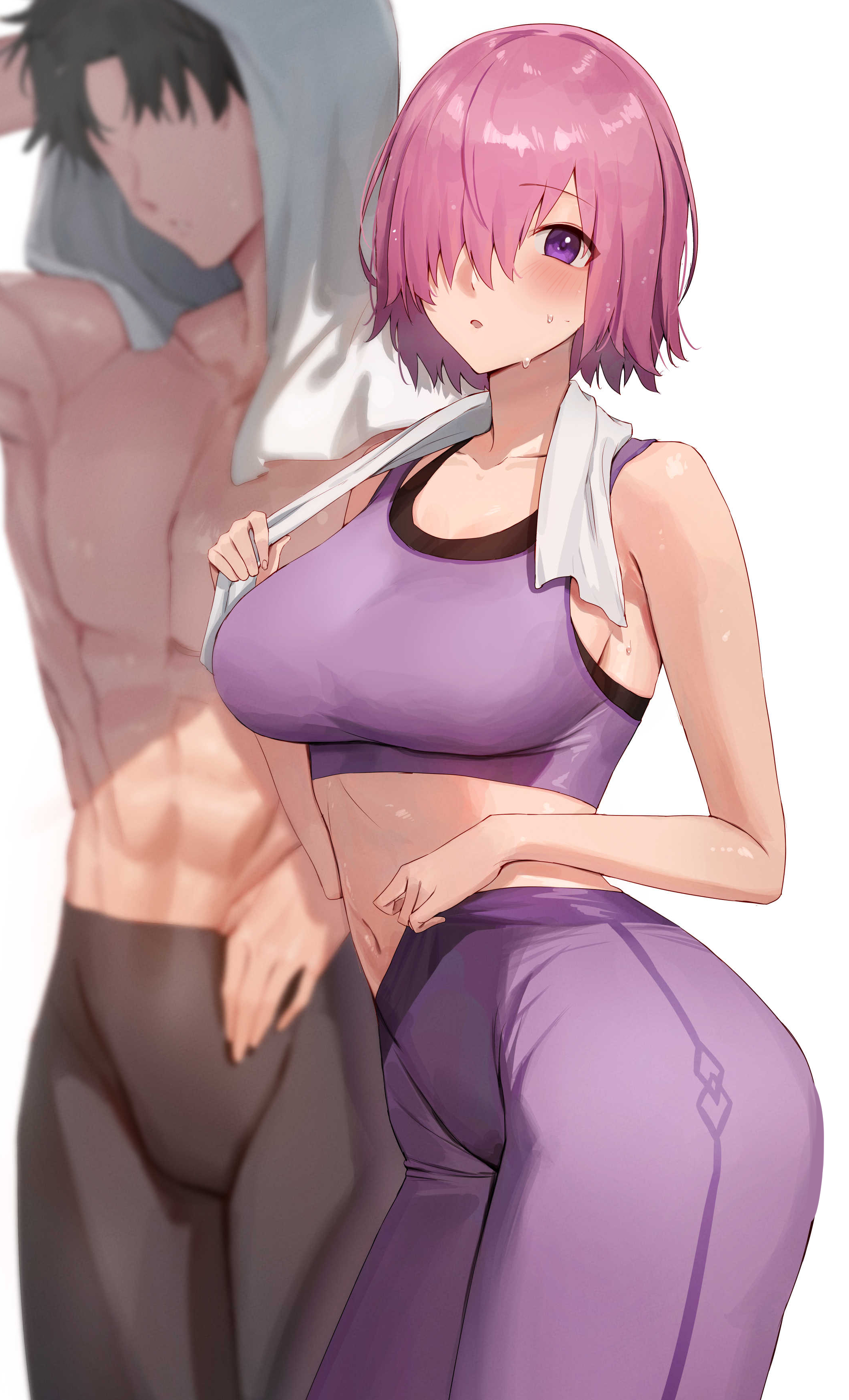 1boy, 1girls, abs, breasts, brown hair, fate (series), fate/grand order, female, fit, fit male, fujimaru ritsuka (male), hair over one eye, huge breasts, male, mash kyrielight, pink hair, purple clothing, purple eyes, rororo, shirtless (male), short hair, sports bra, sportswear, sweat, sweaty body, yoga pants