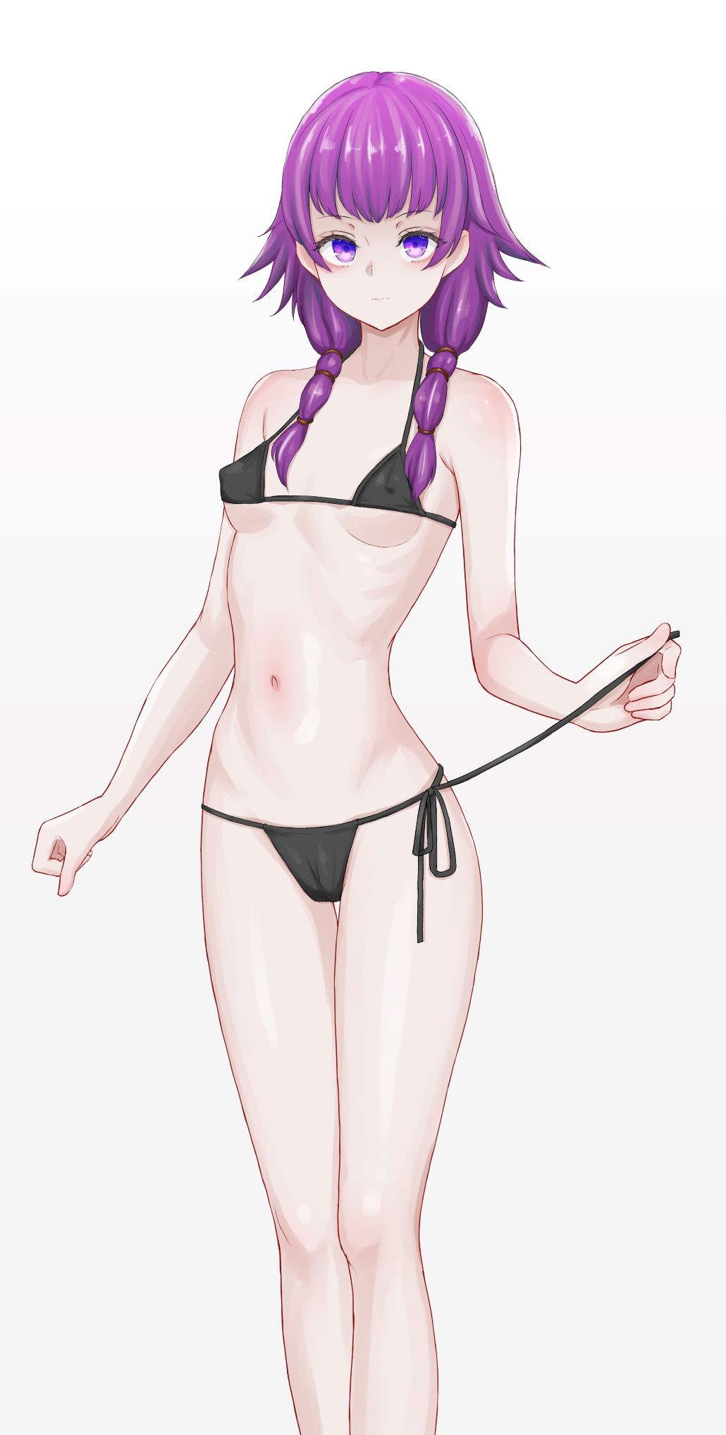 1girls alternate_costume bangs bare_legs bikini black_bikini black_swimsuit breasts covered_nipples female female_only fire_emblem fire_emblem:_the_sacred_stones legs looking_at_viewer lute_(fire_emblem) medium_hair micro_bikini mustee nintendo partially_visible_vulva purple_eyes purple_hair small_breasts solo swimsuit twintails underboob undressing untied_bikini