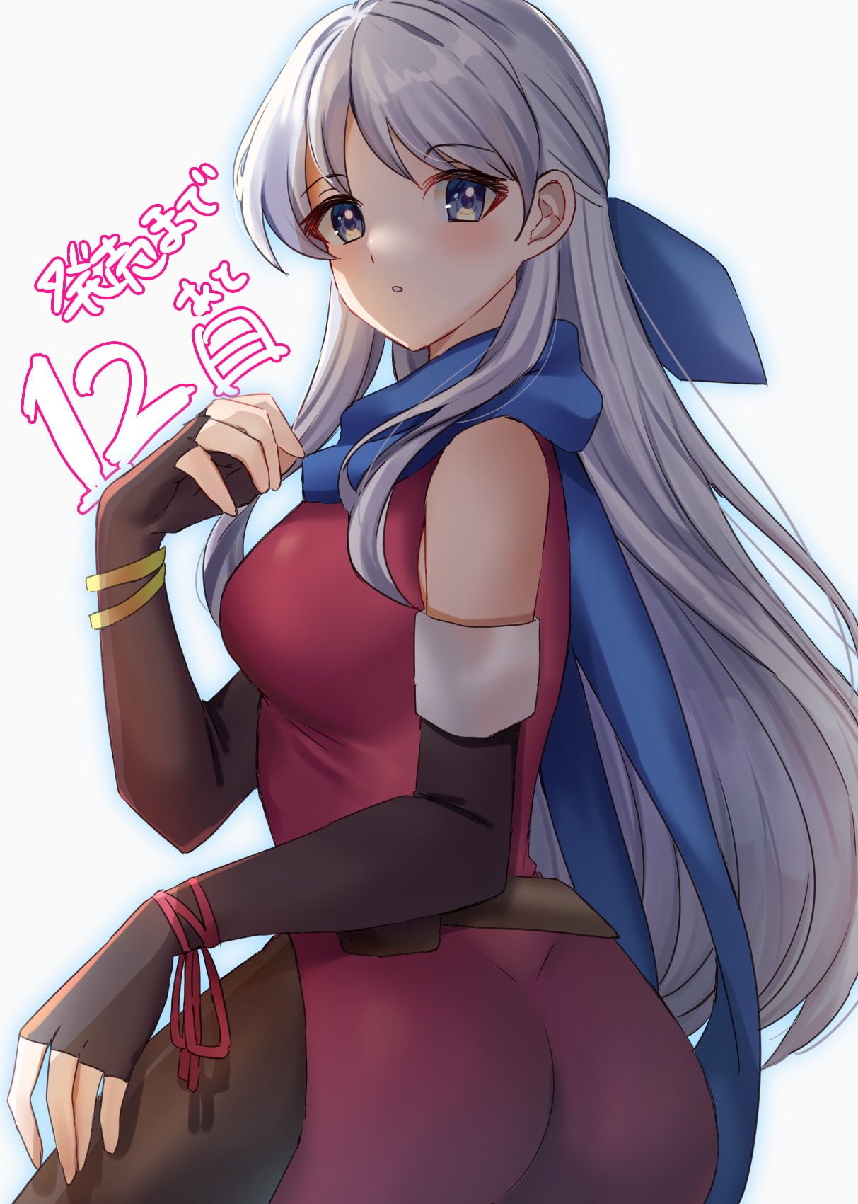 1girls ass bangs bare_shoulders belt big_ass black_gloves black_leggings blue_eyes blue_scarf bracelet breasts countdown dress edamameoka elbow_gloves female female female_only fingerless_gloves fire_emblem fire_emblem:_radiant_dawn fire_emblem_engage gloves gradient_eyes grey_hair hair_ribbon half_updo highres jewelry leggings long_hair looking_at_viewer looking_back medium_breasts micaiah_(fire_emblem) multicolored_eyes nintendo ribbon scarf side_slit simple_background sleeveless sleeveless_dress solo white_background yellow_eyes