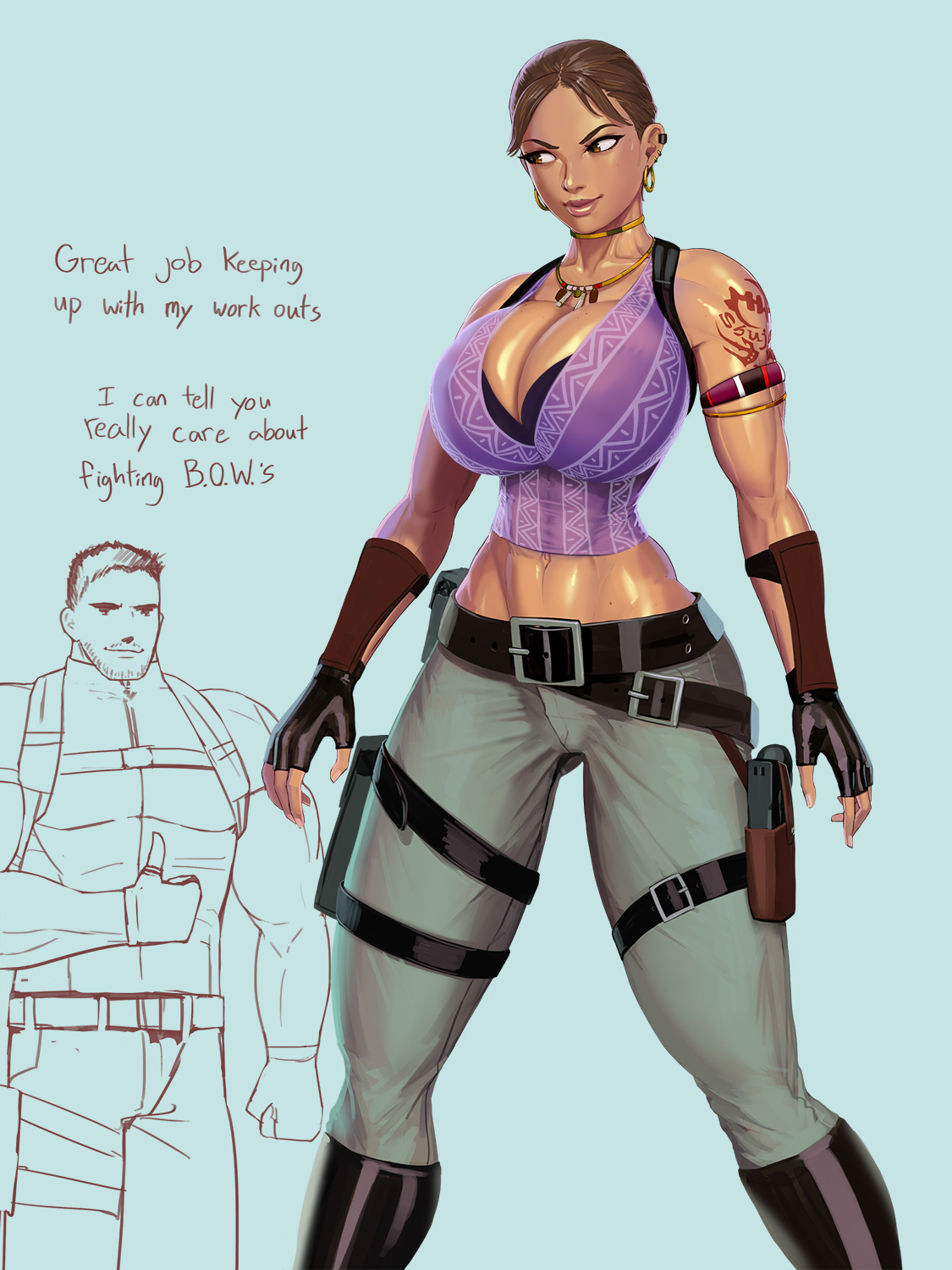 1boy, 1girls, aka6, athletic, athletic female, background character, big breasts, breasts, brown eyes, brown hair, chris redfield, clothed, clothed female, clothed male, female, female focus, gun, human, light skin, light-skinned female, looking at another, male, resident evil, resident evil 5, sheva alomar, simple background, tagme, tattoo