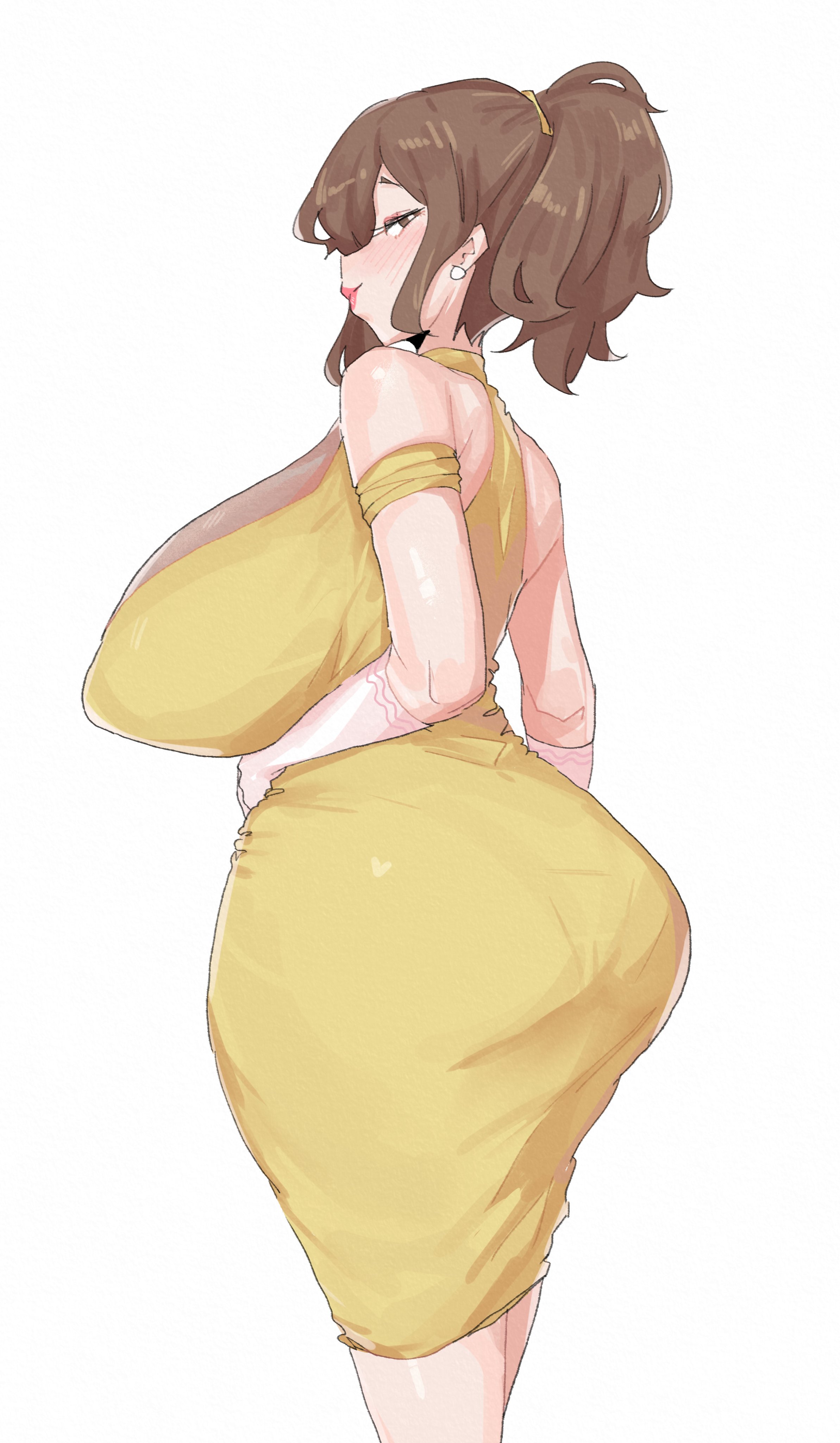 1girls, alternate version available, armwear, ass, ass too big, barely contained, barely contained ass, barely fits, big ass, big breasts, blush, breasts, breasts bigger than head, brown eyes, brown hair, bursting butt, curvy female, curvy milf, dress, ear piercing, earrings, female, female only, game freak, huge ass, huge breasts, imminent wardrobe malfunction, large breasts, leebongchun, lips, looking back, mature, mature female, milf, mother (pokemon sv), pokemon, pokemon sv, ponytail, solo, solo female, thick lips, tight clothes, tight clothing, tight dress, tight fit, too tight, undersized clothes, undersized clothing, white background, yellow dress