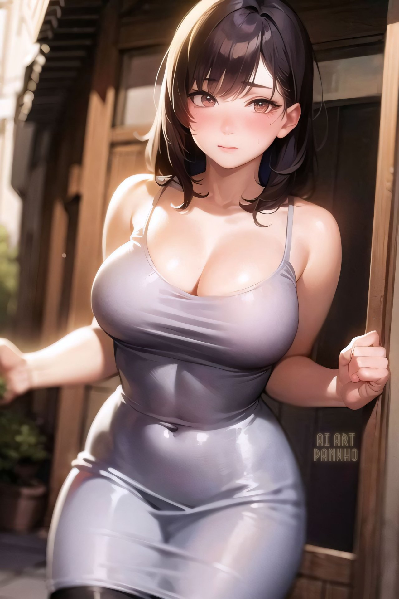 1girls, 2023, ai art panwho, ai generated, belly button visible through clothing, big eyes, black hair, breasts, brown eyes, busty, cleavage, curvaceous, curvy female, dark hair, female, female focus, female only, hi res, high resolution, highres, hourglass figure, long hair, looking at viewer, mommy, shoulders, stable diffusion, thick, thick thighs, tight clothes, tight clothing, tight dress