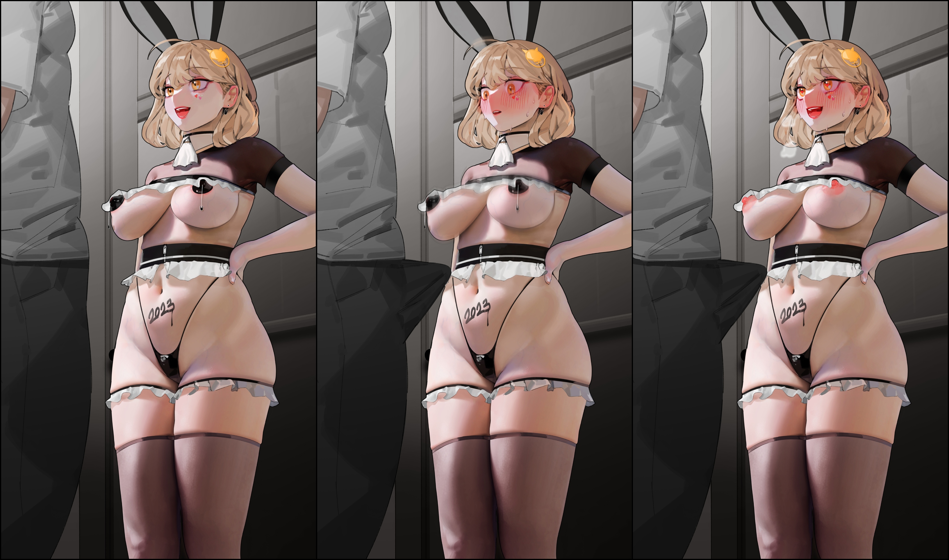 1boy, 1girls, 2023, 3koma, anis (nikke), black underwear, blonde hair, blush, breasts, bunny ears, bunny girl, crop top, curvy female, erection, erection under clothes, female, female focus, g-string, goddess of victory: nikke, hands on hips, highres, large breasts, looking at another, maid, maid uniform, male, navel, nervous, nervous smile, nipple pasties, nipples, pants, penis, penis awe, short hair, surprised, surprised expression, sweatdrop, thighhighs, thong, user (pixiv), wide hips, year of the rabbit