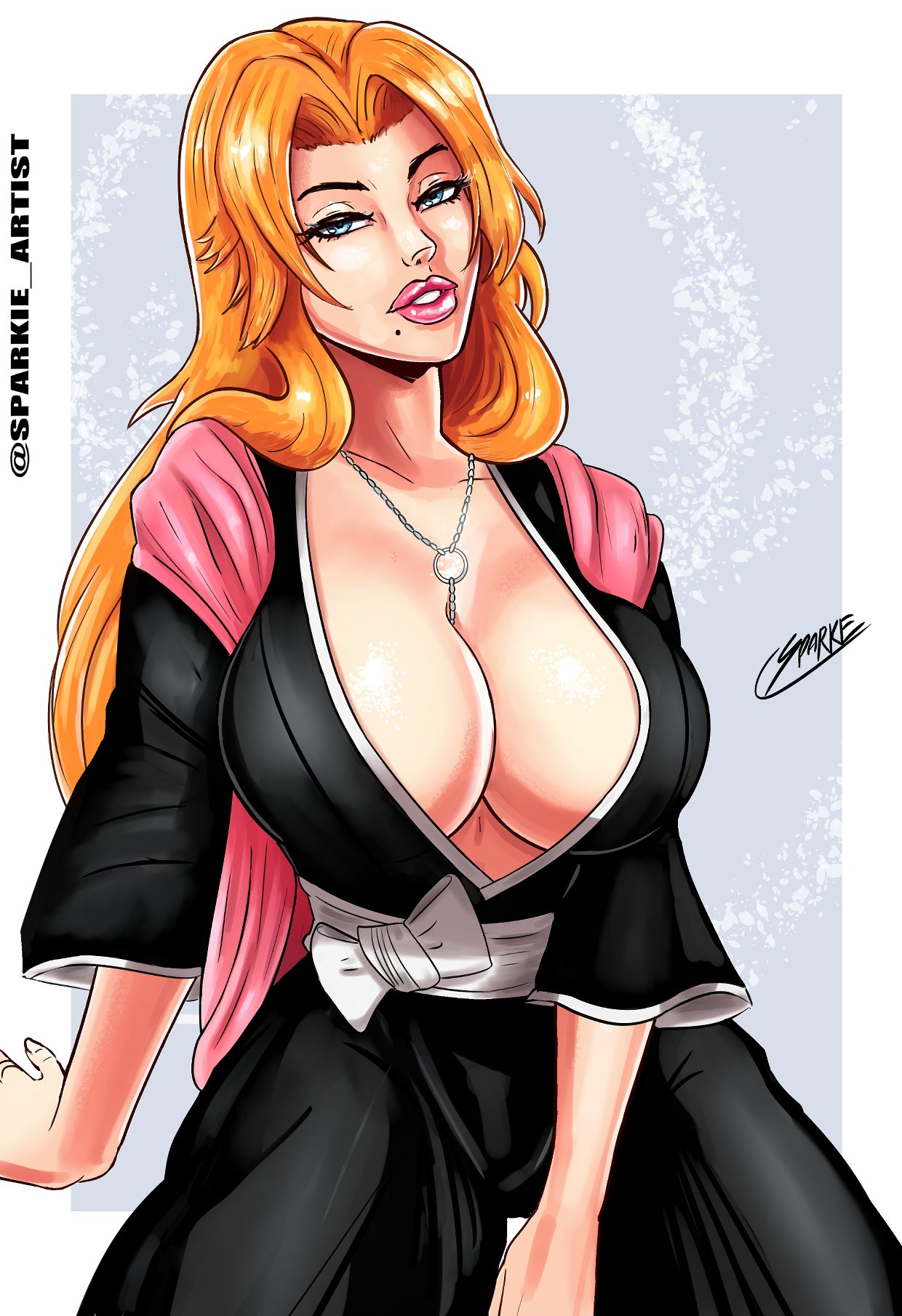 1girls alternate_version_available big_breasts big_lips bleach blue_eyes breasts cleavage clothing female female_only hair huge_breasts lips long_hair matsumoto_rangiku mature mature_female mole mole_under_mouth necklace neckwear orange_hair solo solo_female sparkietheartist thick_lips