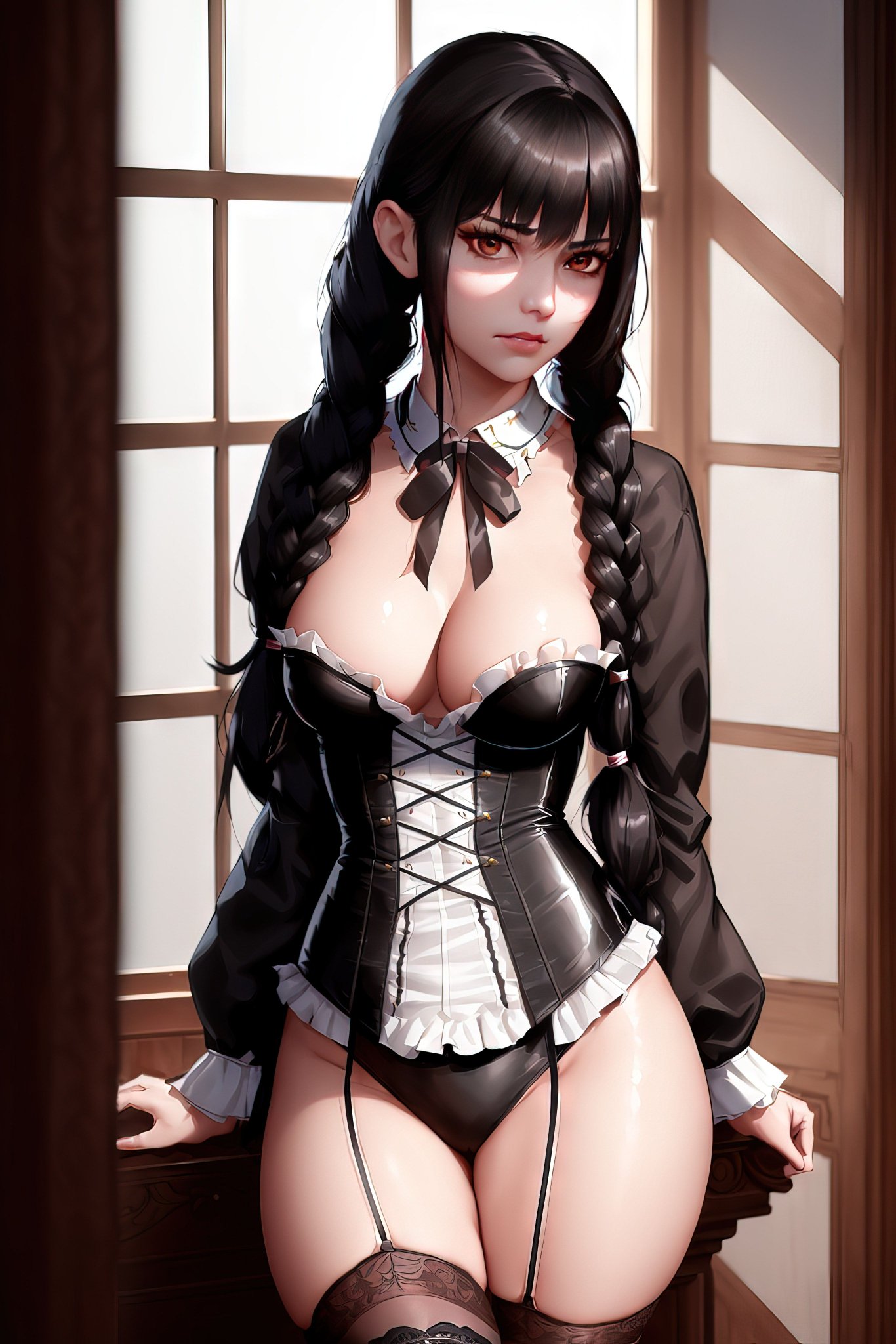 2023, ai generated, black hair, curvy body, curvy female, female, female focus, female only, high resolution, long hair, looking at viewer, stable diffusion, the addams family, voluptuous female, wednesday addams