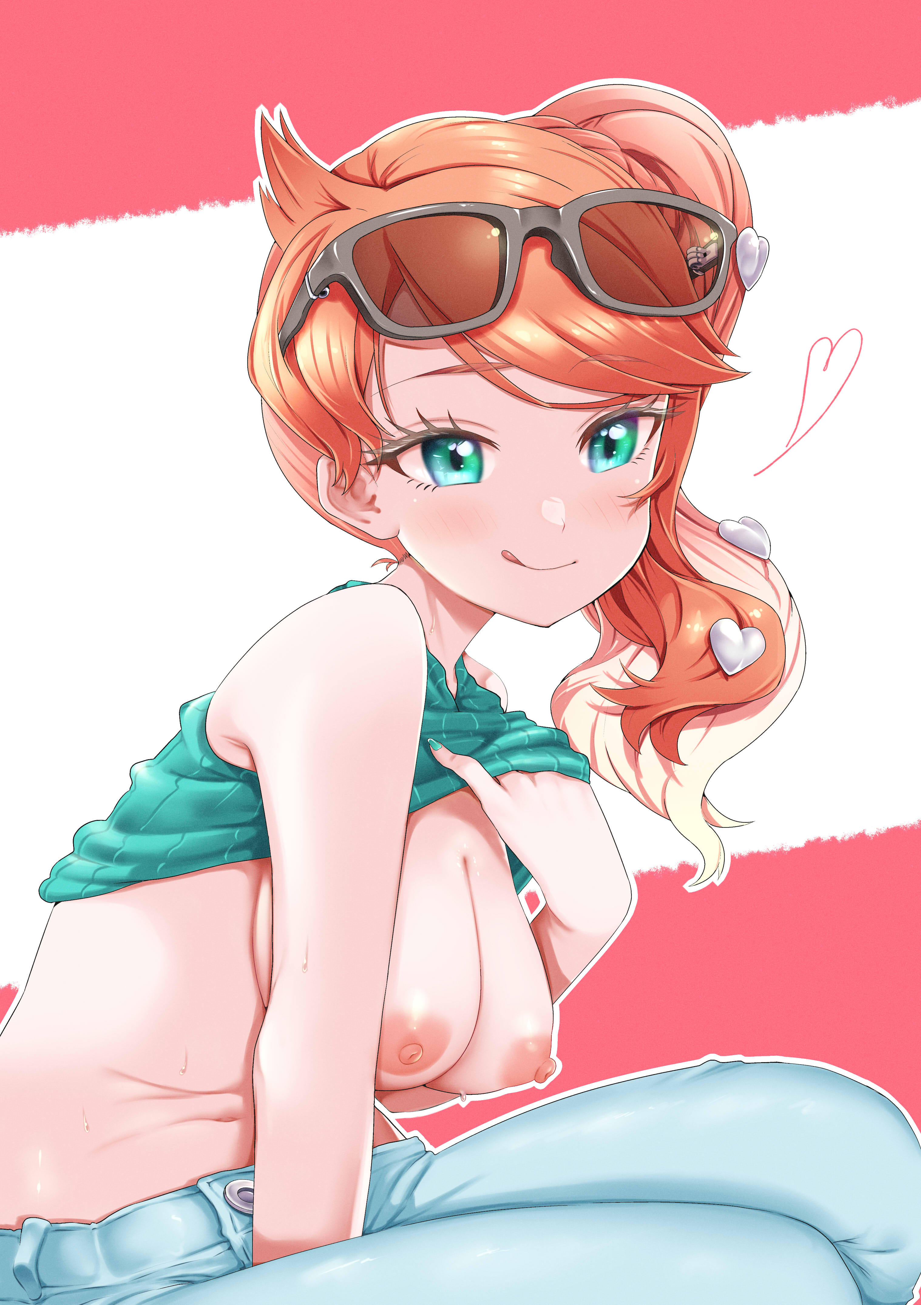 :d, 1girls, absurdres, areolae, blush, breasts, breasts out, female, female only, green eyes, green nails, hair ornament, heart, heart hair ornament, highres, jeans, large breasts, nail polish, nintendo, nipples, orange hair, pants, pokemon, pokemon ss, ponytail, shirt lift, side ponytail, solo, solo female, sonia (pokemon), sunglasses, sunglasses on head, sweat, tongue, yunagi921
