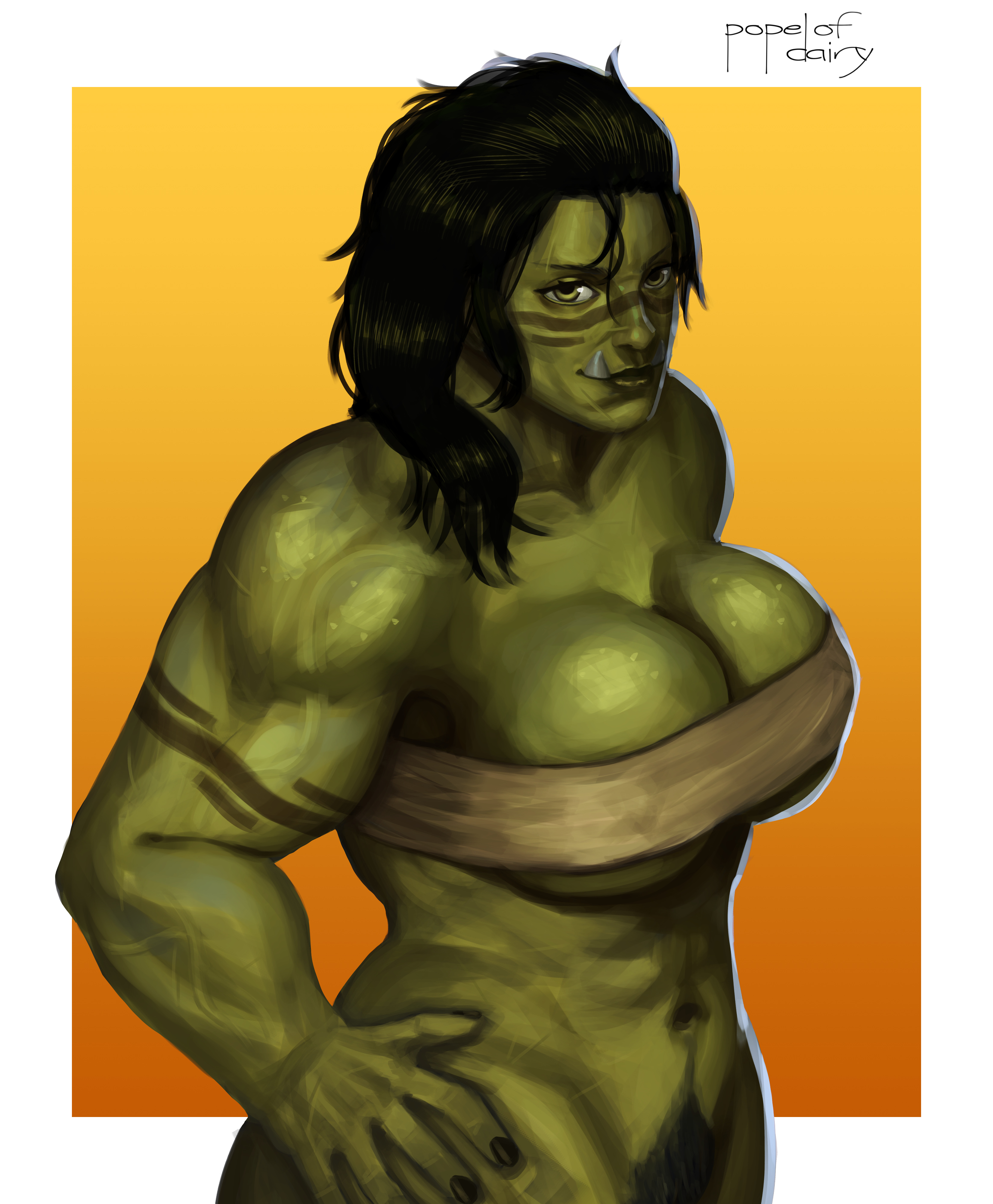 1girls, absurd res, big breasts, black hair, bottomless, breasts, fangs, female, female only, female orc, green eyes, green skin, green-skinned female, hand on hip, long hair, looking at viewer, muscles, muscular, muscular female, orc, orc female, pope of dairy, pubic hair, smiling, smiling at viewer, solo, topwear