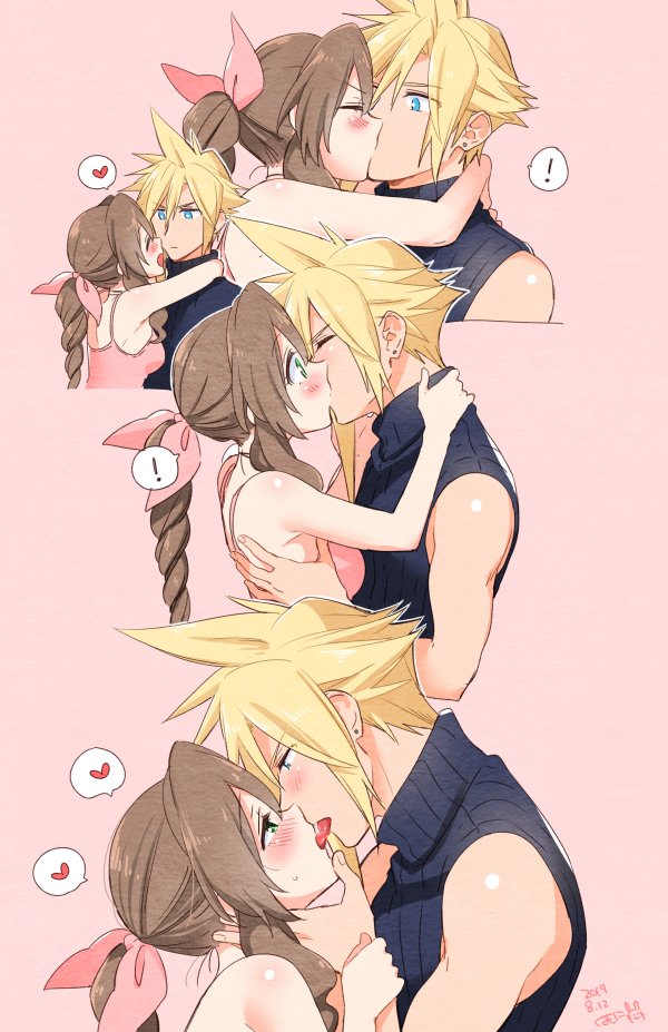 1boy 1boy1girl 1girls aerith_gainsborough arms_around_neck blonde_hair blue_eyes cloud_strife eye_contact face-to-face face_to_face female final_fantasy final_fantasy_vii final_fantasy_vii_remake french_kiss green_eyes hand_on_chin heart holding_chin holding_partner hugging kissing kissing krudears male male/female passionate passionate_kiss sleeveless spiky_hair straight surprised tongue tongue_kiss tongues_touching