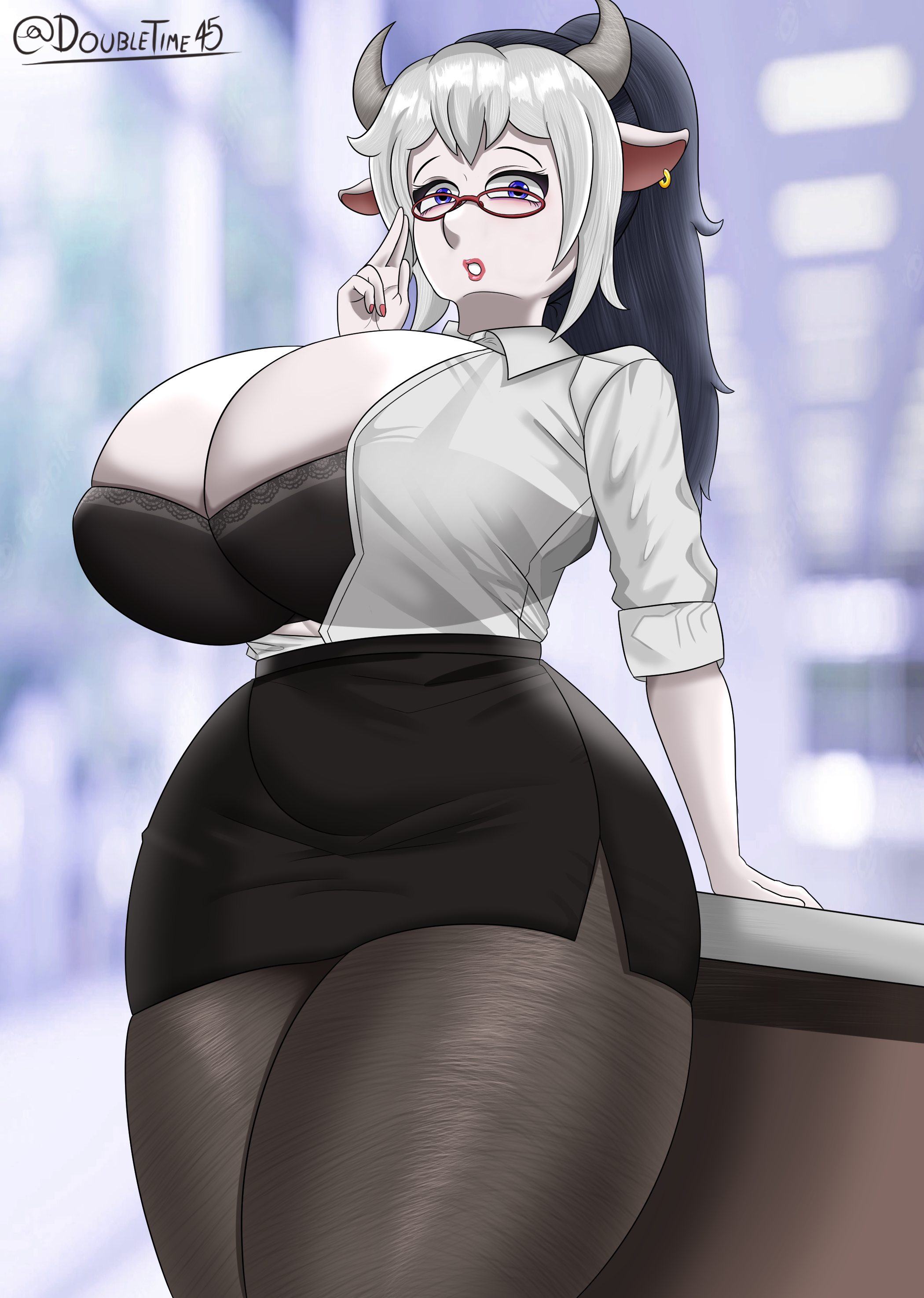 1girls, 2022, absurd res, absurdres, ass, bangs, belly bulge, big breasts, black bra, blue eyes, blue hair, bovid, bovid humanoid, bra, breasts, breasts bigger than head, cattle, cattle humanoid, cleavage, cleavage overflow, clothed, clothes, clothing, cow ears, cow girl, cow horns, digital media (artwork), doubletime, ear ring, earring, earrings, eyelashes, eyeshadow, female, female focus, female only, fully clothed, gigantic breasts, glasses, hand on glass, highres, hips, horn, horns, huge breasts, huge thighs, lips, lipstick, long hair, looking at viewer, looking down, mammal, mammal humanoid, massive breasts, milca (doubletime), office, office lady, open shirt, pantyhose, ponytail, red glasses, self upload, skirt, solo, solo female, solo focus, standing, suit, table, thick, thick ass, thick thighs, tight clothing, tight fit, transparent clothing, voluptuous, voluptuous female, white hair, white skin, wide hips