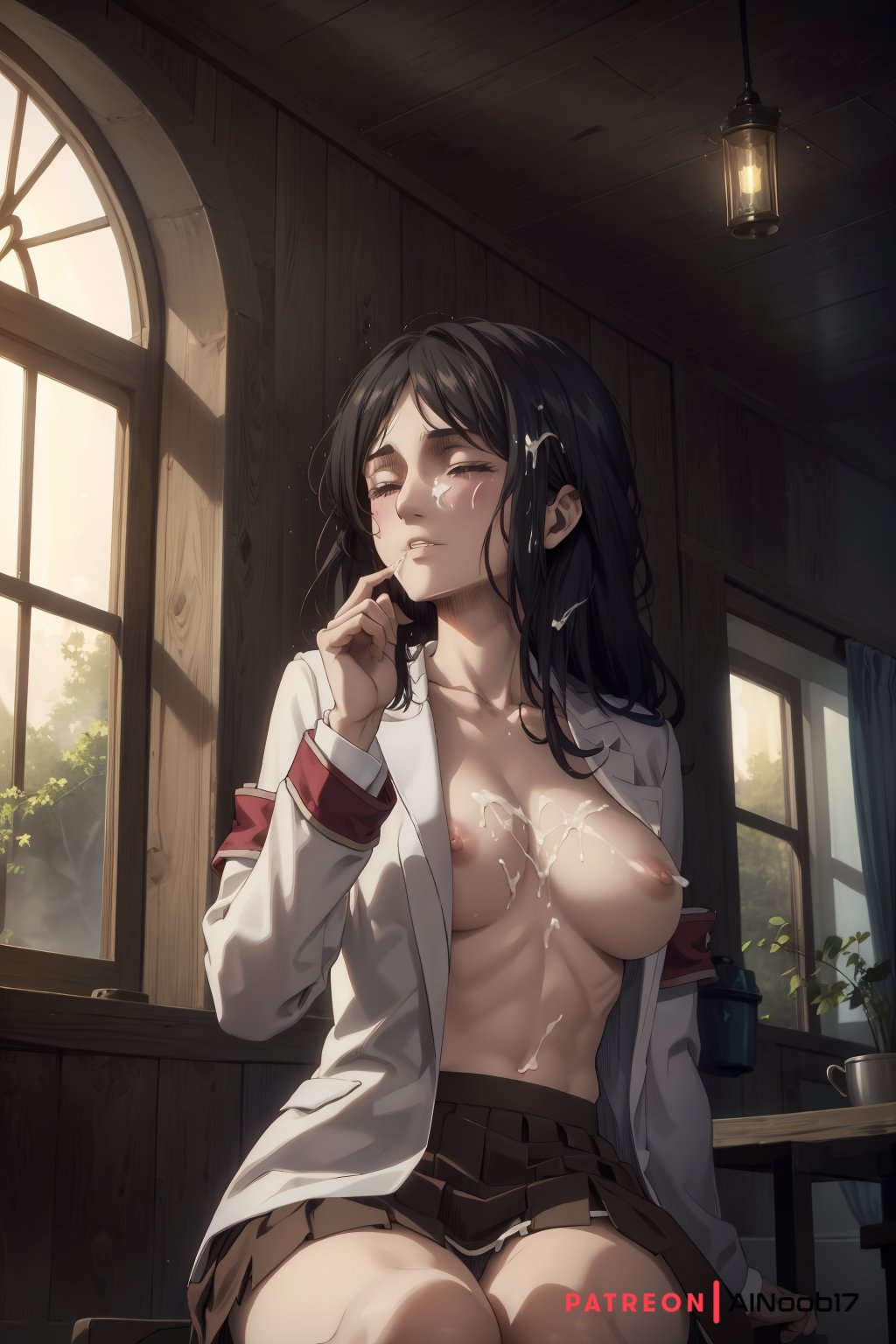 1girls, ai generated, ainoob17, attack on titan, black hair, breasts, breasts out, closed eyes, cum, cum in mouth, cum on body, expressionless, eye bags, female, oral creampie, pieck finger, shingeki no kyojin, solo, stable diffusion, swallowing, swallowing cum, tagme