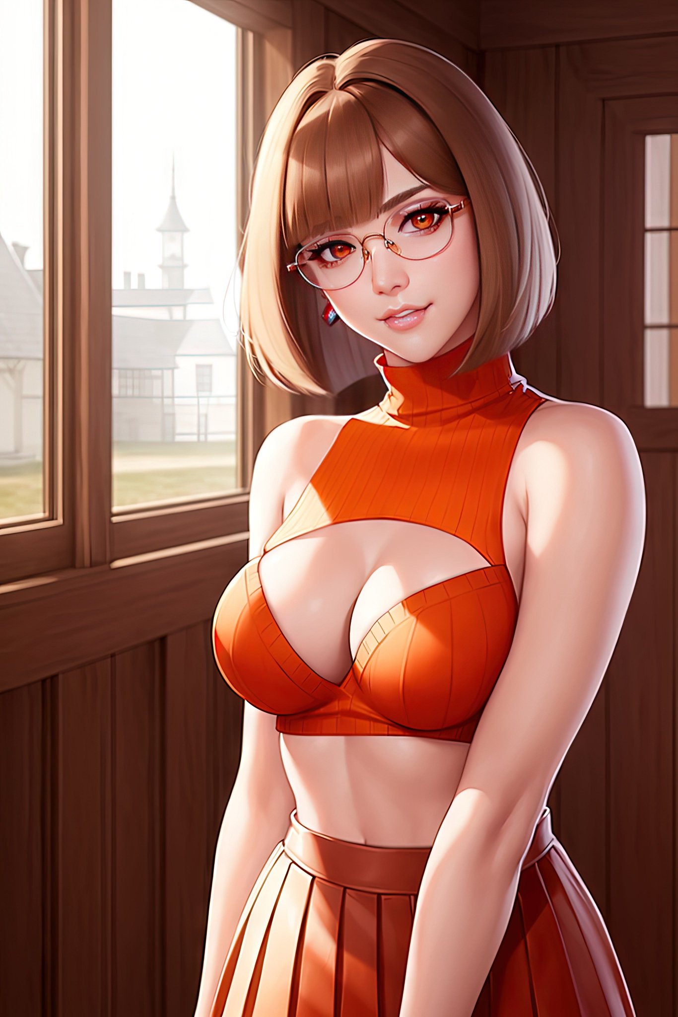 1girls, 2023, ai generated, bare arms, bare shoulders, big breasts, bob cut, boob window, breasts, cleavage, cleavage cutout, cowboy shot, curvy female, female, female focus, female only, fit, fit female, high resolution, light brown hair, light skin, light-skinned female, looking at viewer, nerdy female, orange sweater, scooby-doo, short hair, skirt, slim waist, solo, solo female, solo focus, stable diffusion, velma dinkley