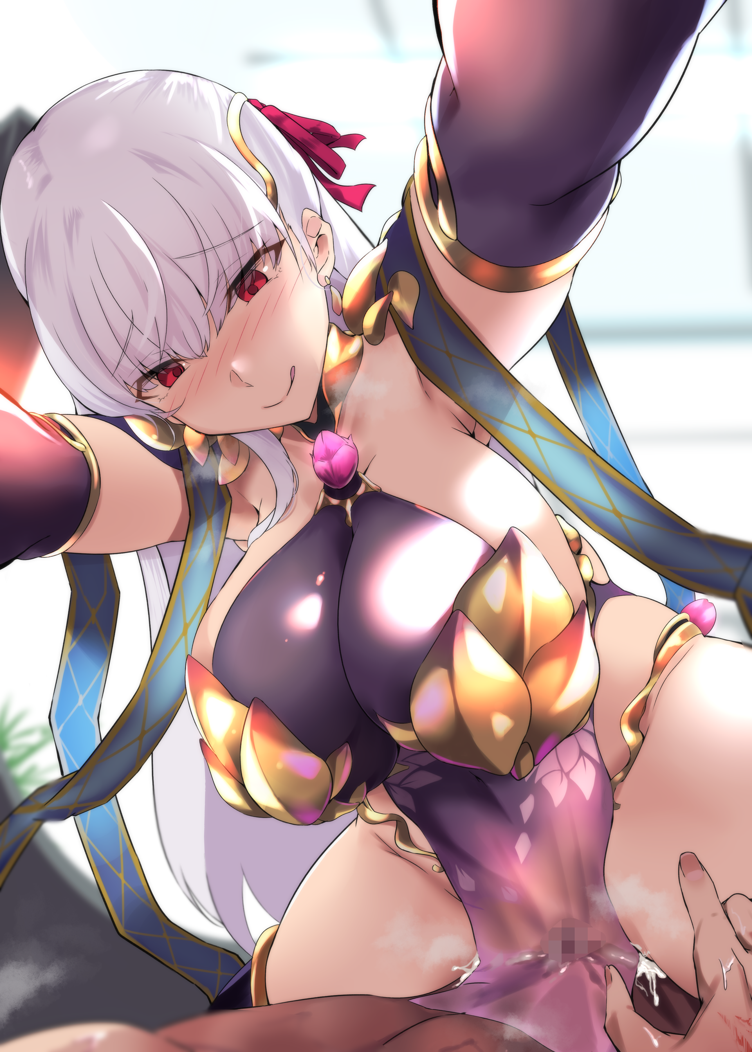1boy, 1girls, armpits, big breasts, breasts, censored, cowgirl position, cum, cum in pussy, cum inside, curvy, dominant female, endou (zettai bluenoid), fate (series), fate/grand order, female, horny, hourglass figure, huge breasts, kama (fate/grand order), large breasts, licking, licking lips, male, naked, pussy, red eyes, revealing clothes, sex, sitting, sitting on person, thick thighs, tongue, tongue out, voluptuous, white hair