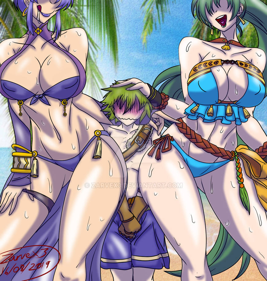 1boy 2019 2girls alternate_costume assertive assertive_female blue_bikini blue_swimsuit bra breasts faceless_female fire_emblem fire_emblem:_the_binding_blade fire_emblem:_the_blazing_blade fire_emblem_heroes green_hair lipstick lyn_(fire_emblem) lyn_(summer)_(fire_emblem) official_alternate_costume panties purple_bikini purple_hair purple_swimsuit scared seductive seductive_smile ursula_(fire_emblem) ursula_(summer)_(fire_emblem) watermark wolt_(fire_emblem) wolt_(summer)_(fire_emblem) zarvex3