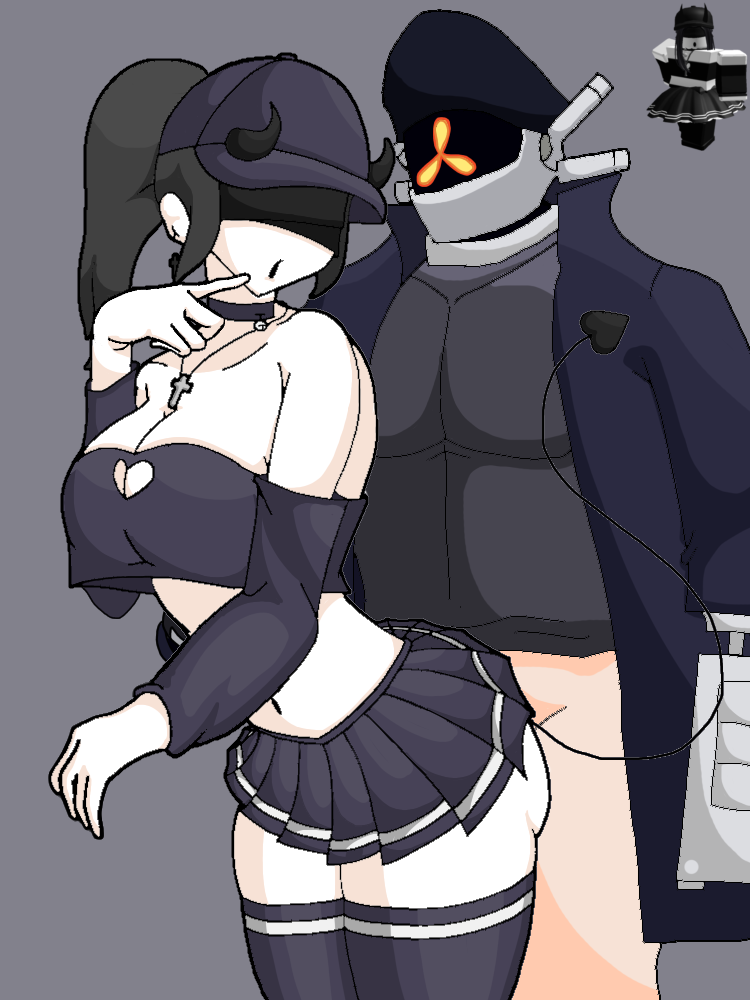 1boy 1boy1girl 1girls ambiguous_penetration artist_request ass bad_edit balanced_craft_wars bell_collar black_blindfold black_cap black_collar black_crop_top black_hair black_legwear black_thighhighs blindfold boob_window breasts captain_(risk_of_rain) clothed clothed_female clothed_sex clothes clothing coat collar collarbone craftwars_knockoff crop_top cross_earrings cross_necklace demon_girl demon_horns demon_tail earrings female hand_on_hip hat horns implied_sex male midriff necklace open_mouth pale-skinned_female pale_skin ponytail reference_image risk_of_rain risk_of_rain_2 roblox roblox_avatar robloxian skirt source_request succubus supercoolusername_(roblox) thick_thighs thighhighs zettai_ryouiki