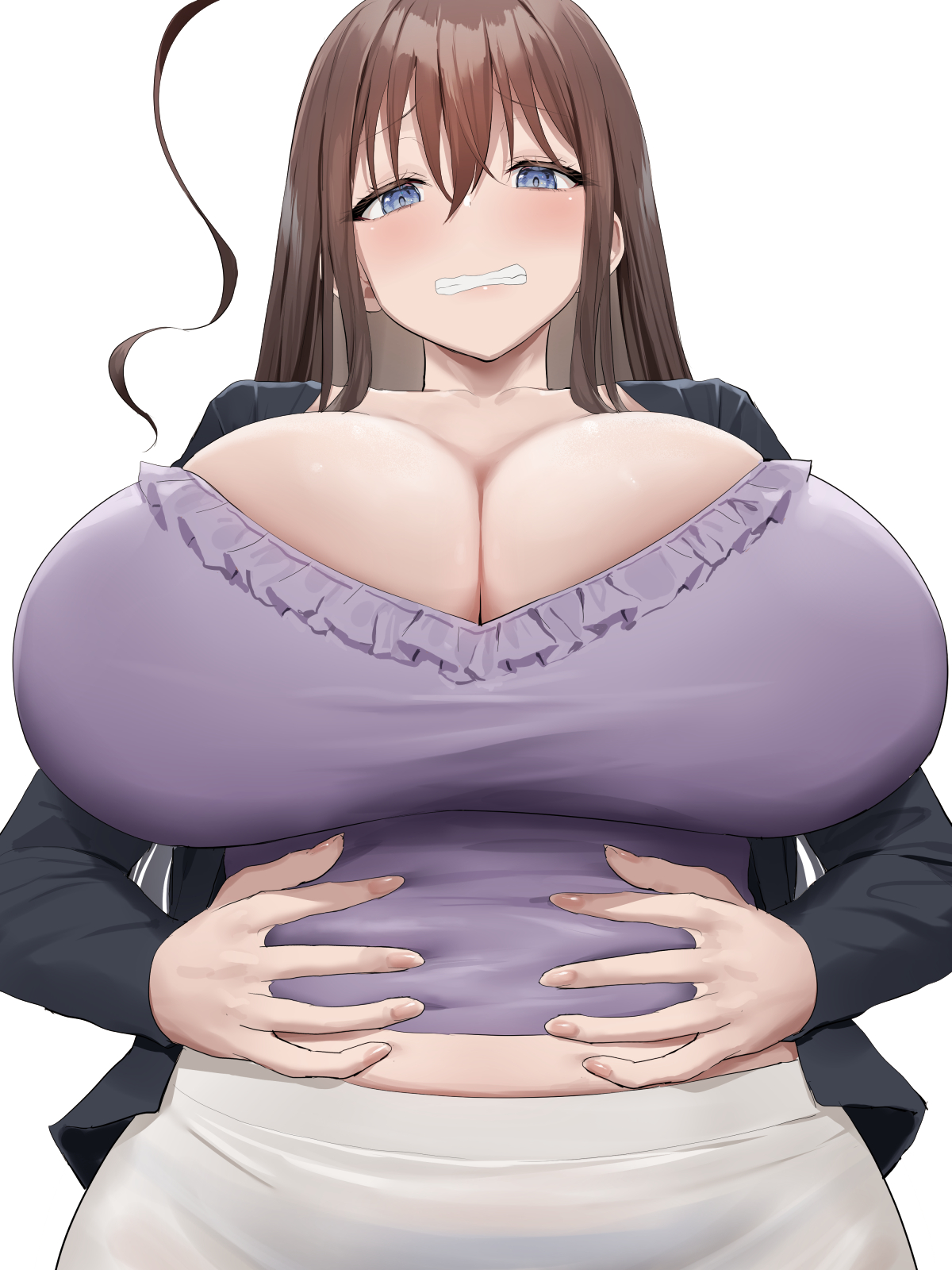 1girls, blue eyes, blush, breasts, brown hair, cleavage, embarrassed, female, hand on stomach, huge breasts, light skin, light-skinned female, long hair, low-angle view, massive breasts, oekakizuki, original, original character