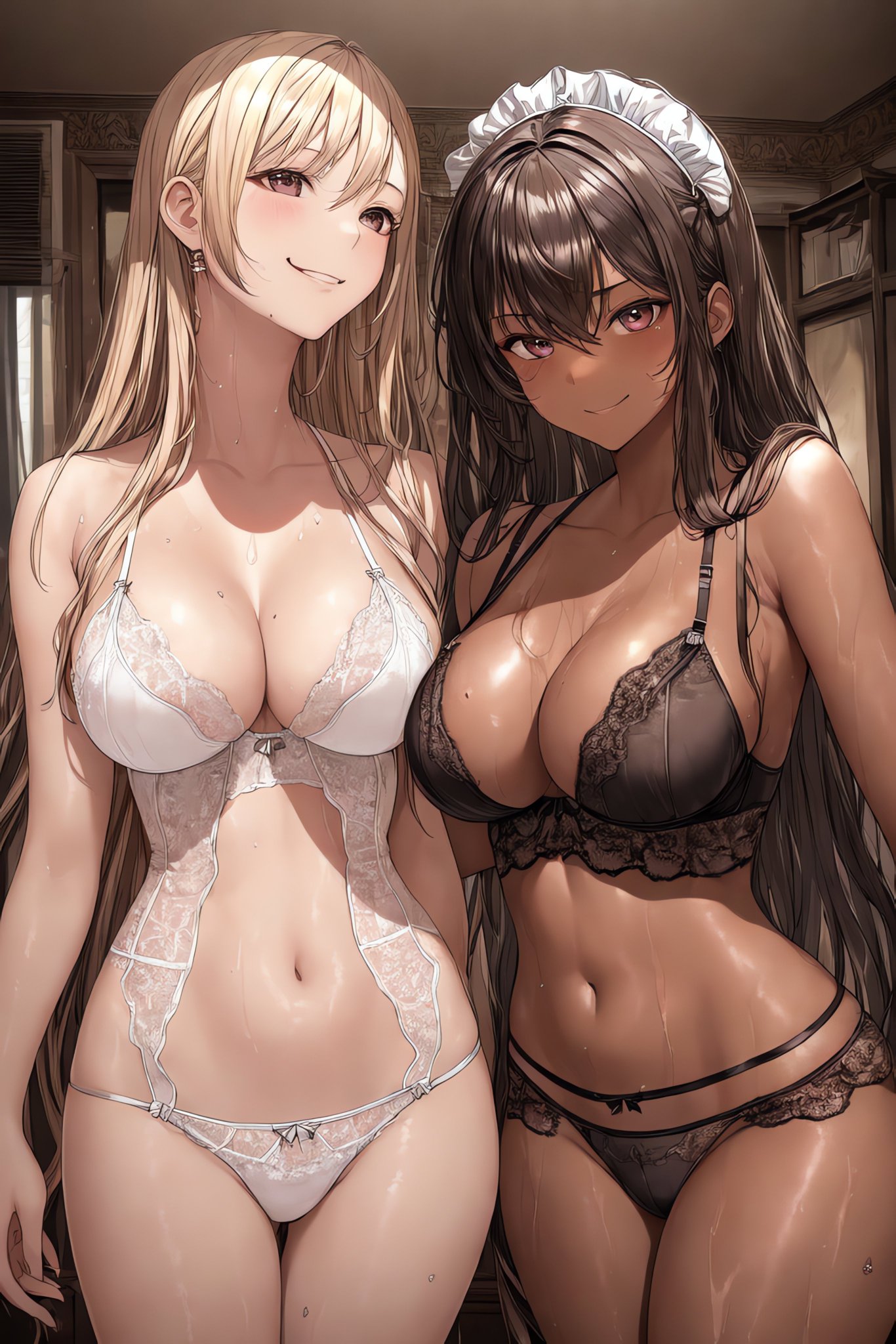 2023, 2girls, ai generated, big breasts, blonde hair, breasts, curvy female, curvy figure, fair skin, fair-skinned female, female, female focus, female only, long hair, looking at viewer, stable diffusion, tanned female, tanned skin, voluptuous female