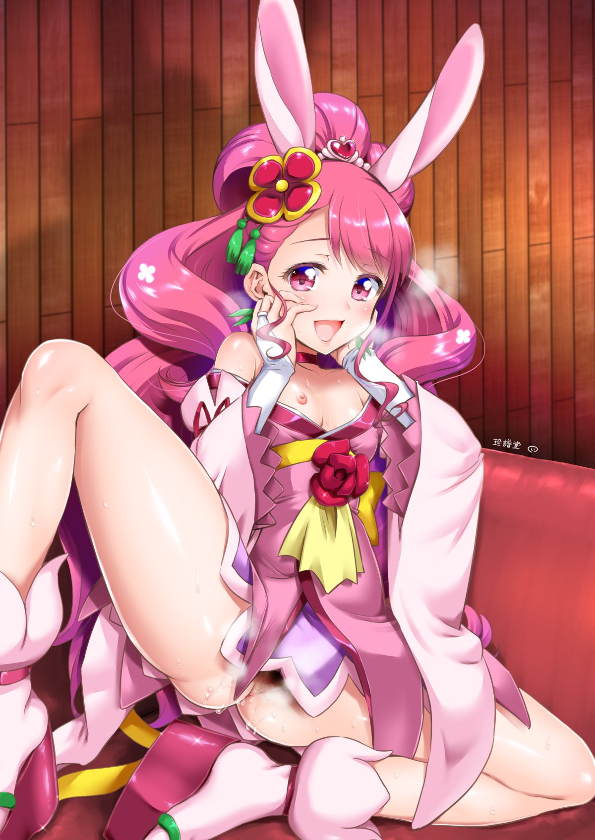 animal_ears anus boots choker clothing cure_grace fake_animal_ears female flat_chest flower hanadera_nodoka healin'_good_precure highres legs long_hair looking_at_viewer magical_girl marui nipples no_panties open_mouth pink_eyes pink_hair precure pretty_cure pussy_juice rabbit_ears red_flower red_rose rose signature spread_legs