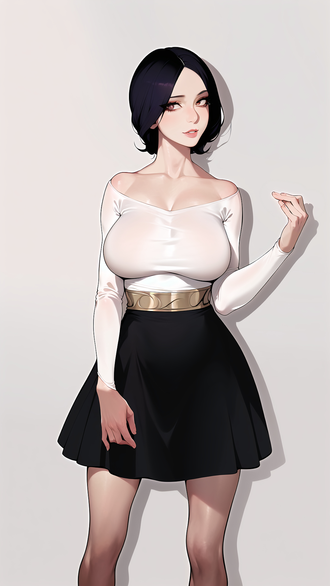 1girls, ai generated, bangs, big breasts, black hair, black skirt, breasts, character request, copyright request, curvy body, curvy female, curvy figure, female, female focus, female only, grey background, human, light skin, light-skinned female, long sleeves, nai diffusion, seductive look, see-through, see-through top, shirt, short hair, simple background, skirt, stable diffusion, voluptuous female, white shirt