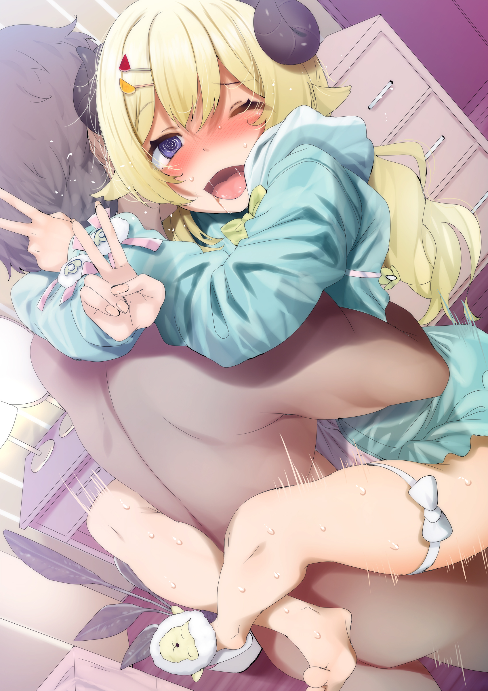 @ @, 1boy, 1girls, blonde hair, blush, feet, female, fumihiko (pixiv2658856), holoforce, hololive, hololive japan, male, sex, sheep girl, sheep horns, tsunomaki watame, v sign, virtual youtuber