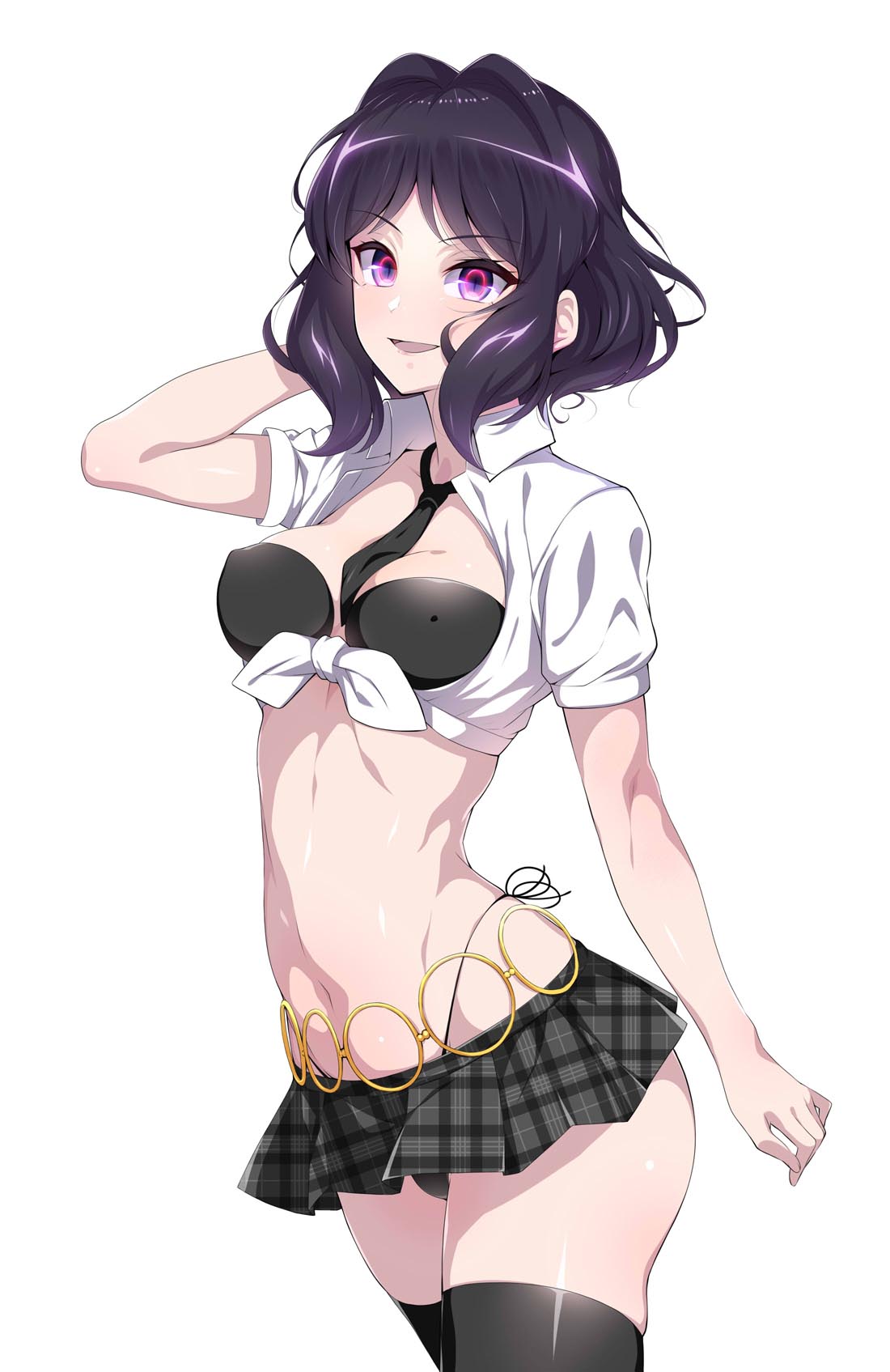 bikini black_bikini black_hair blush breasts cleavage covered_nipples female highres kohinata_miku kurihara_kenshirou looking_at_viewer medium_breasts navel photoshop_(medium) possessed purple_eyes ringed_eyes senki_zesshou_symphogear shem-ha shiny_hair shiny_skin short_hair side-tie_bikini_bottom simple_background skirt smile solo standing stomach swimsuit white_background