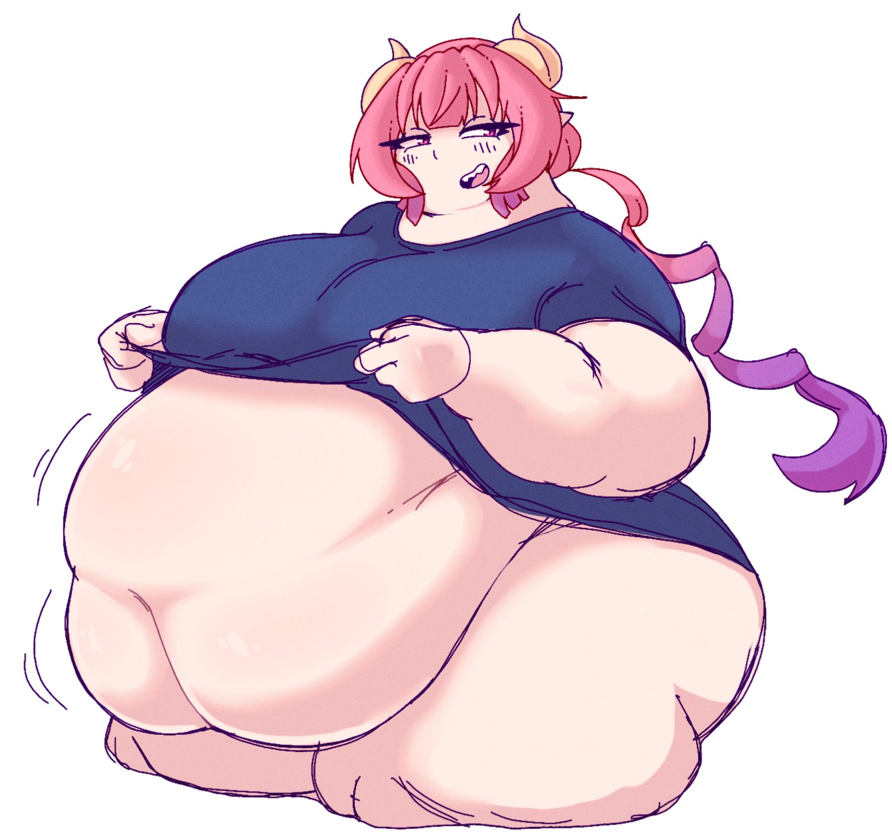 1girls, 2023, bbw, belly, belly overhang, breasts, fat, fat female, fat thighs, female, female focus, fiffer, horns, huge belly, ilulu (dragon maid), miss kobayashi's dragon maid, obese, obese female, overweight, overweight female, pink hair, plump, sharp teeth, shirt lift, simple background, solo, solo female, solo focus, ssbbw, thick thighs, thighs, white background