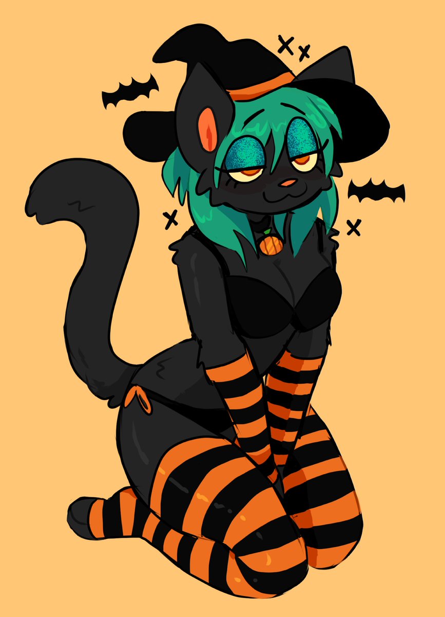 2d 2d_(artwork) anthro black_and_orange black_fur black_panties candiewrapper eyes_half_closed eyes_half_open female female_focus female_only green_hair halloween halloween_theme long_gloves orange_eyes solo_anthro solo_female solo_focus stockings witch_hat