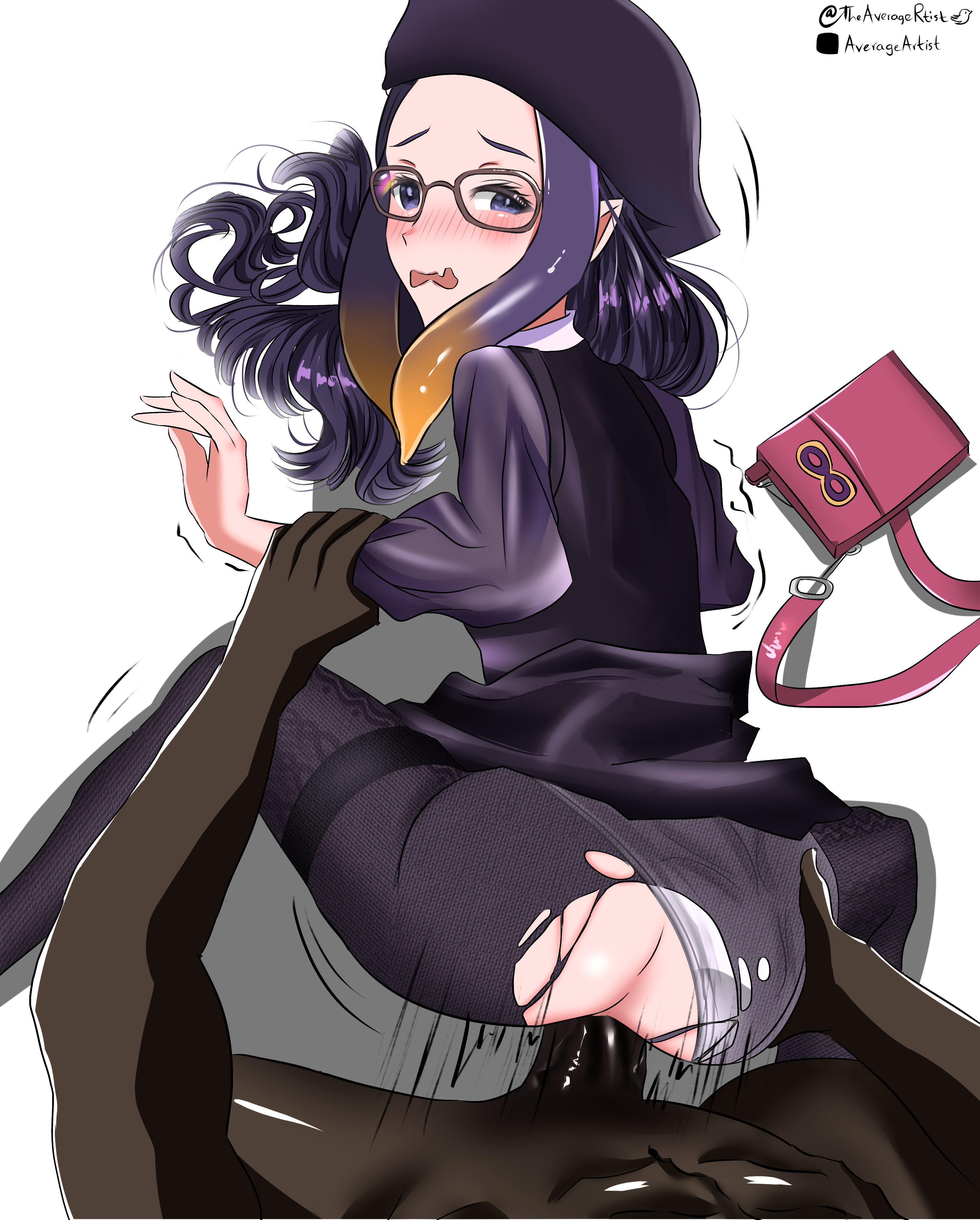 1girls, all fours, artist name, averagertist, bag, big forehead, blush, blushing at viewer, dark skin, dark-skinned male, female, female focus, forehead, from behind, glasses, hat, hololive, hololive english, hololive myth, light skin, light-skinned female, long hair, looking at viewer, male, movement lines, multicolored hair, ninomae ina'nis, orange hair, pale skin, pale-skinned female, panties, pantyhose, penetration, pointy ears, pov, purple eyes, purple hair, questionable consent, ripped clothing, ripped pantyhose, sex, sex from behind, sharp teeth, very long hair, virtual youtuber, white background, white panties