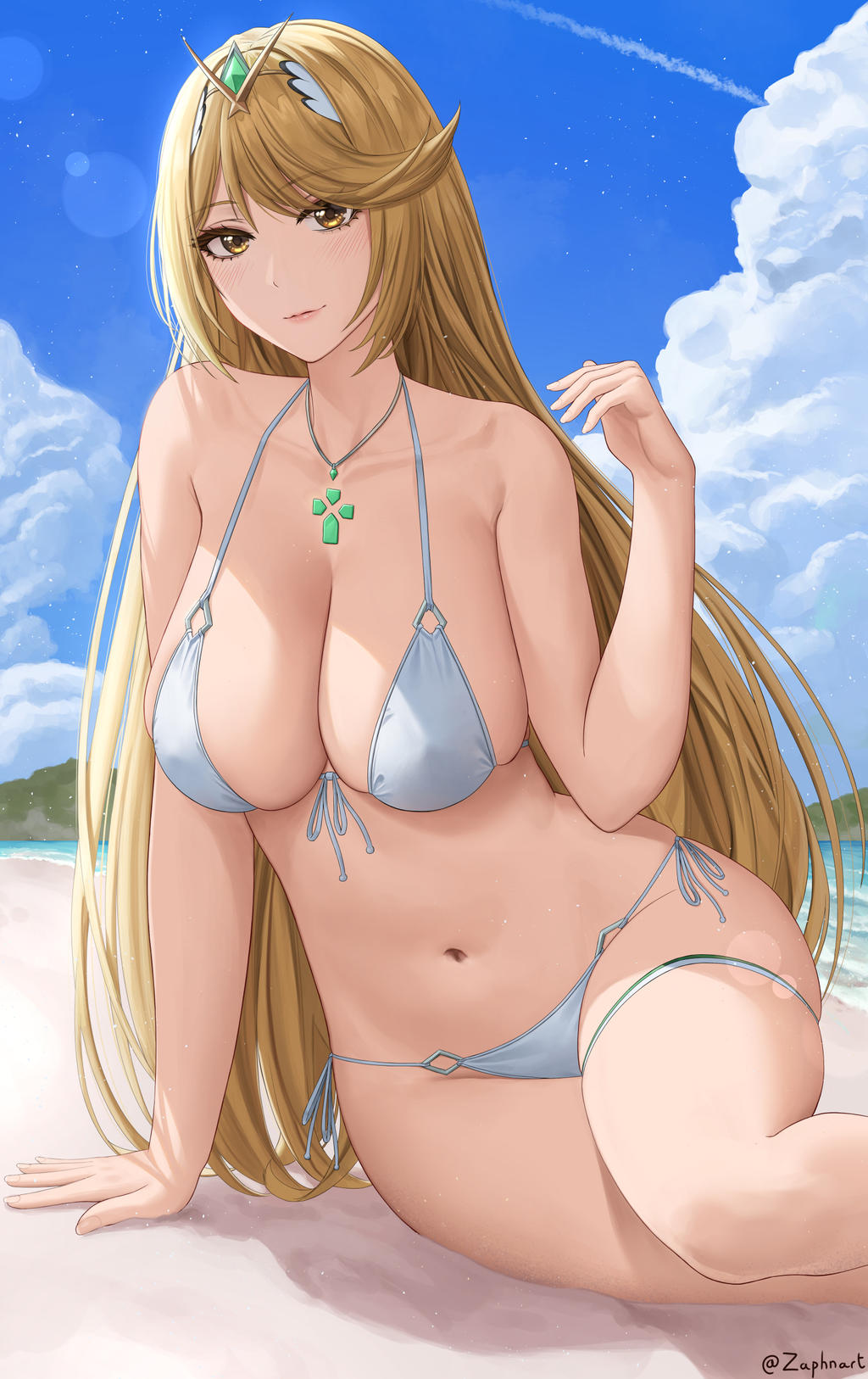 1girls, beach, bikini, blonde hair, breasts, clouds, core crystal, female, female only, front-tie bikini, large breasts, long hair, looking at viewer, midriff, mythra, navel, necklace, nintendo, ocean, outside, side-tie bikini, side-tie swimsuit, sky, solo, solo female, swimsuit, thigh strap, tiara, water, white bikini, white swimsuit, xenoblade (series), xenoblade chronicles 2, yellow eyes, zaphn