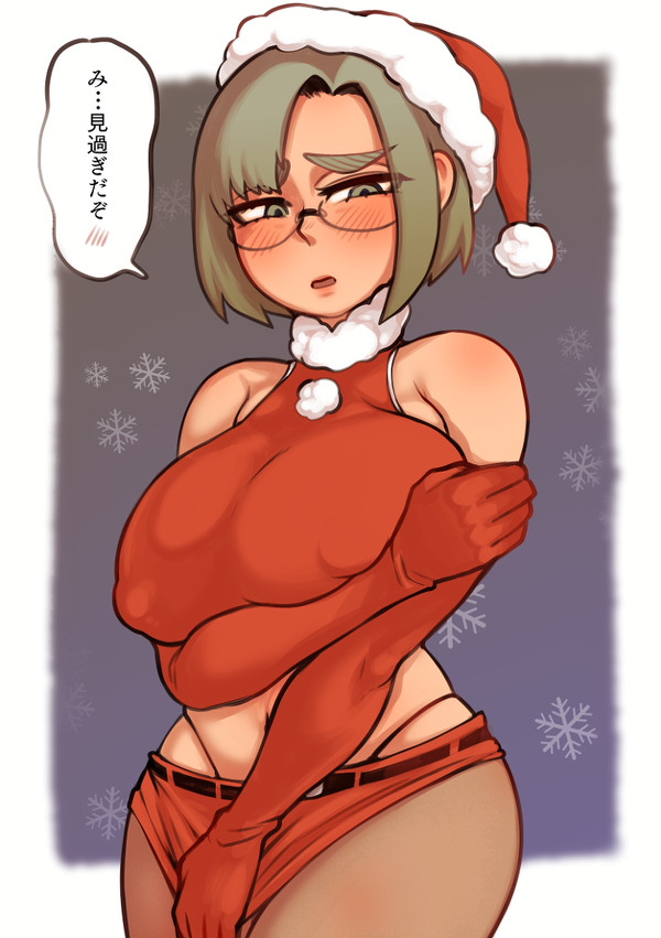 1girls 2022 alternate_version_available attack_on_titan bare_shoulders blush blush_lines breasts christmas christmas_outfit clothed clothed_female dialogue elbow_gloves embarrassed female female_only fully_clothed glasses gloves grey_eyes grey_hair hat huge_breasts japanese_text large_breasts nipple_bulge open_mouth rico_brzenska santa_hat shingeki_no_kyojin short_hair shy solo solo_female speech_bubble tate_(mzn005) tc text thong