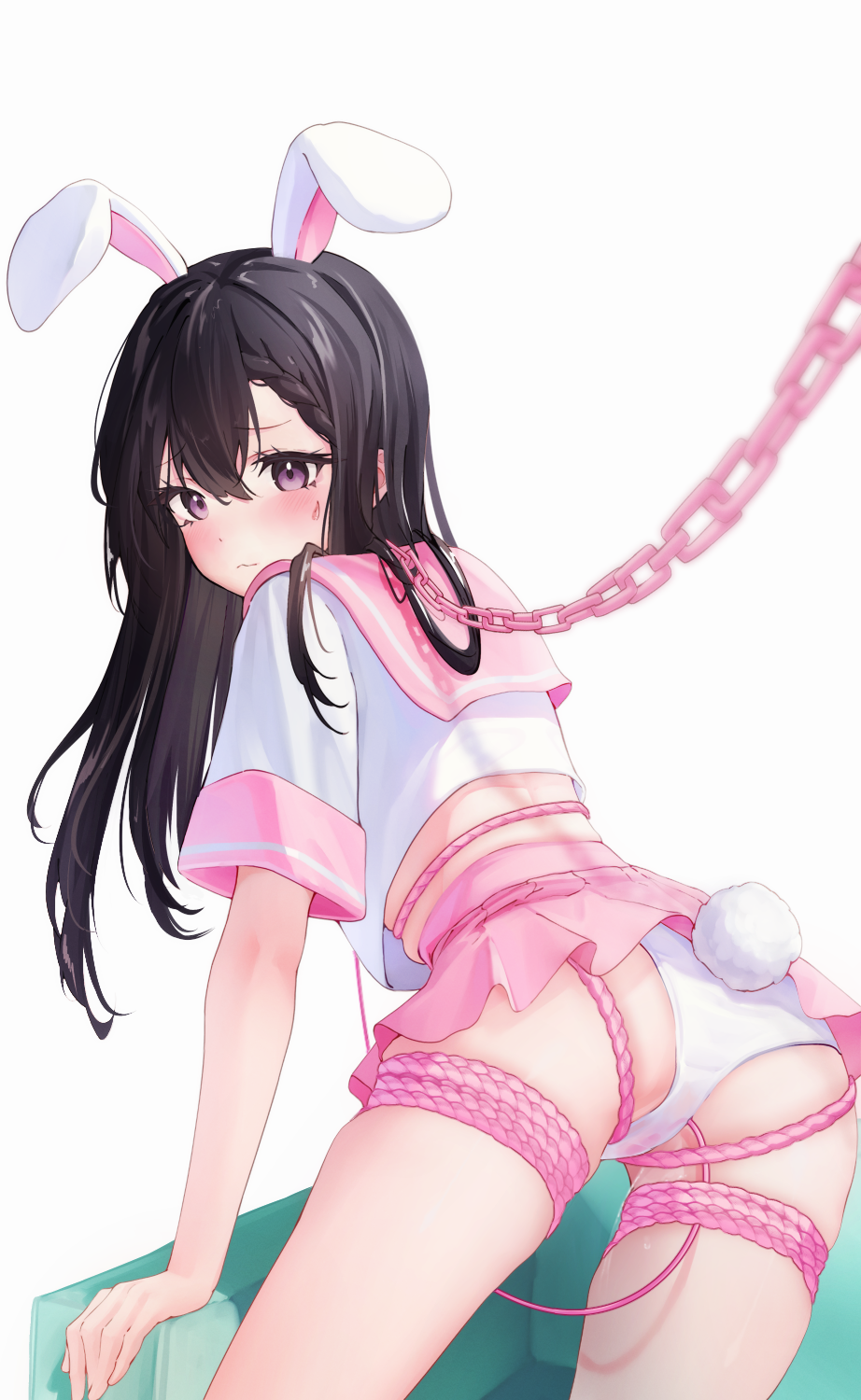 :3 animal_ears ass bangs black_hair blurry blush braid chain_leash chains closed_mouth commentary cowboy_shot crop_top depth_of_field english_commentary female from_behind highres leaning_forward leash long_hair looking_at_viewer looking_back midriff miniskirt original panties pink_sailor_collar pink_skirt pleated_skirt popbooba popoboba purple_eyes pussy_juice pussy_juice_stain rabbit_ears rabbit_girl rabbit_tail raised_eyebrows remote_control_vibrator rope sailor_collar school_uniform see-through serafuku sex_toy shiny_hair shirt short_sleeves sidelocks simple_background single_braid skindentation skirt solo standing sweat tail thighs underwear vibrator vibrator_cord vibrator_under_clothes vibrator_under_panties wet wet_clothes wet_panties white_background white_panties white_shirt