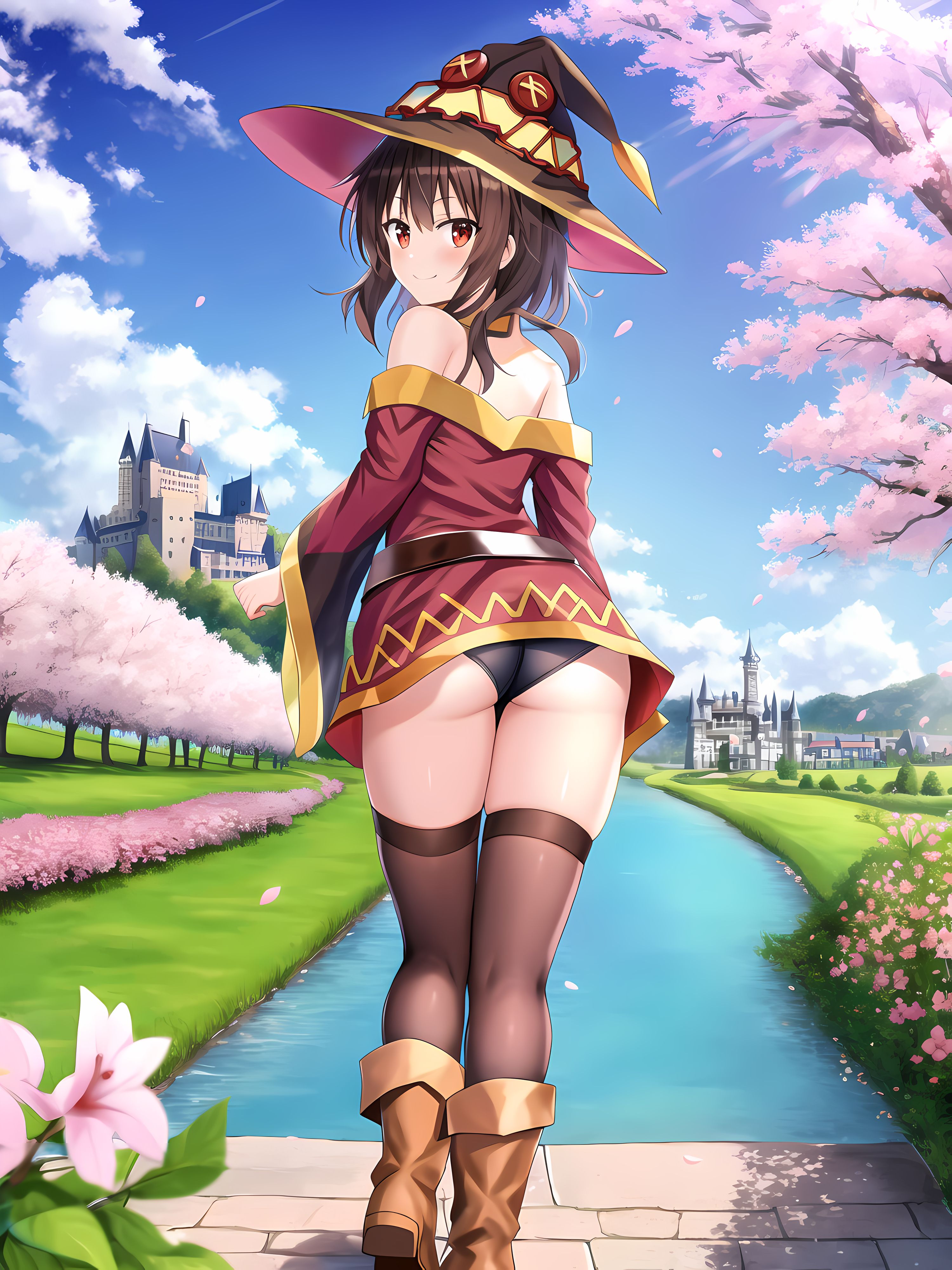 1girls, absurd res, ai generated, ass, blue sky, boots, brown hair, castle, cherry blossoms, clothed, clothing, day, detailed, female, field, flower, full body, hat, hi res, kono subarashii sekai ni shukufuku wo!, looking at viewer, looking back, megumin, panties, rear view, red eyes, river, scenery, skirt lift, thighhighs, thighs