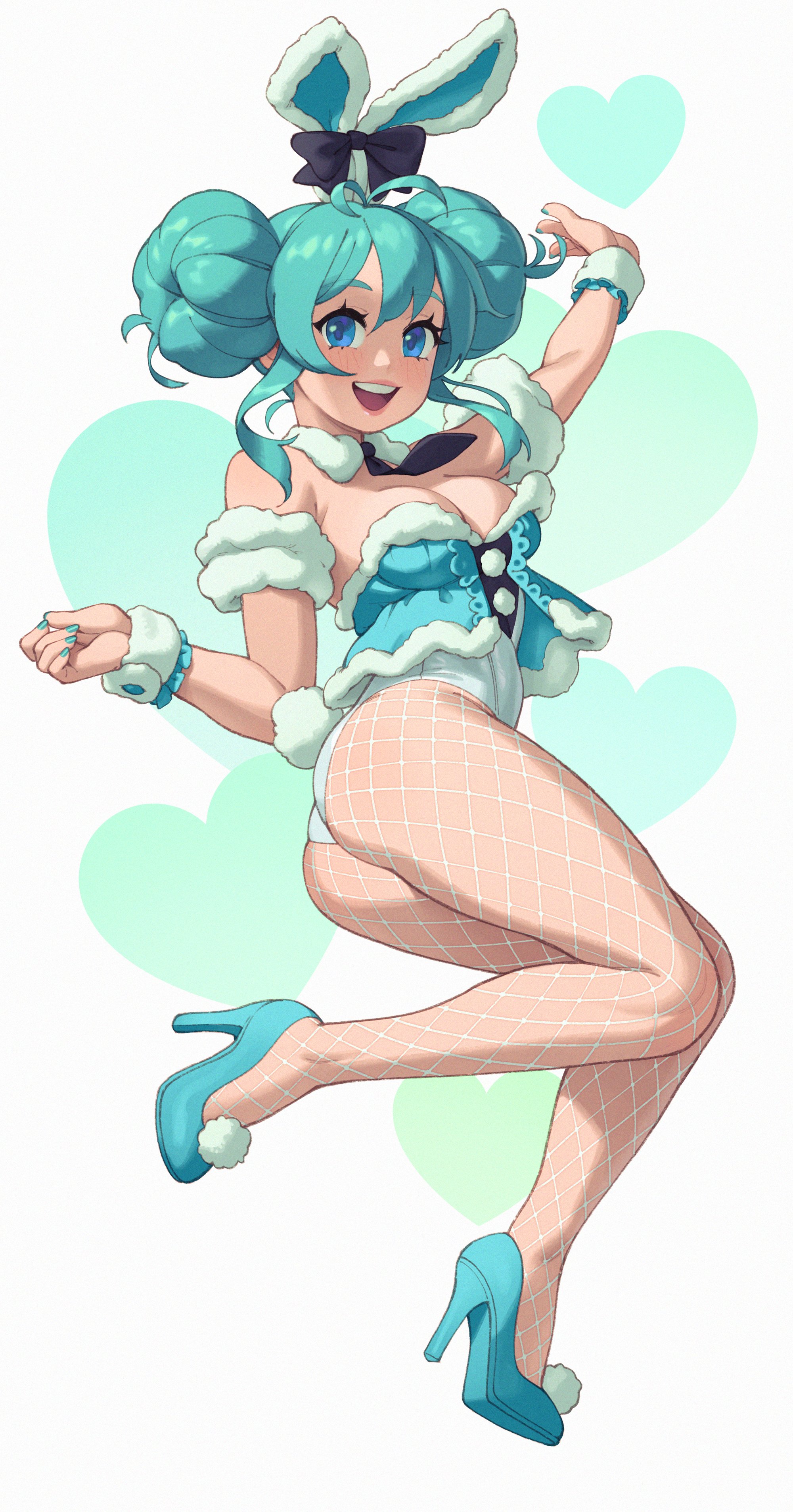 1girls, 2023, aqua eyes, aqua hair, ass, blush, breasts, bunny ears, bunny girl, bunnysuit, cleavage, double bun, eye contact, female, female focus, female only, fishnet pantyhose, fully clothed, hair bun, hatsune miku, leotard, looking at viewer, pantyhose, rizdraws, solo, tie, vocaloid, wrist cuffs