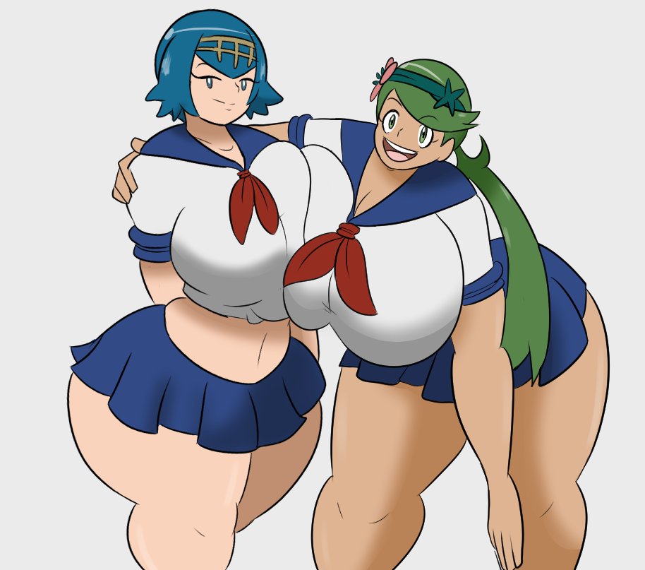 2girls, alternate breast size, big boobs, blue hair, blue-haired female, breasts, breasts bigger than head, female, female only, green hair, green-haired female, huge breasts, igphhangout, lana (pokemon), large breasts, mallow (pokemon), multiple females, multiple girls, pokemon, pokemon sm, school uniform, white background