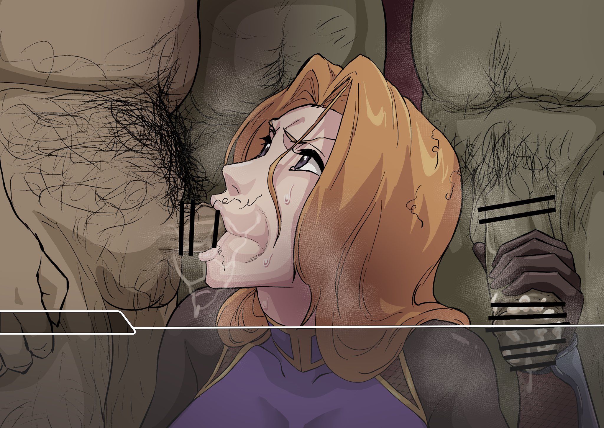 :>=, 1girls, 3boys, akiyama rinko (cosplay), alternate version available, angry, angry expression, angry face, big penis, bleach, bodysuit, breasts, censor bar, censored, clothed, cosplay, cum, cum in mouth, cum inside, erection, excessive pubic hair, fat male, fellatio, female, gangbang, grabbing penis, group sex, hairy, handjob, iwao178, leotard, long hair, looking up, male, matsumoto rangiku, multiple boys, multiple males, multiple penises, no artist signature, no source, old male, orange hair, penis, penis on face, pleasure face, pubic hair, pubic hair on face, pubic hair on hair, pubic hair on head, purple bodysuit, rape, skin tight, smegma, source request, straight, stray pubic hair, sucking penis, swallowing, taimanin (series)