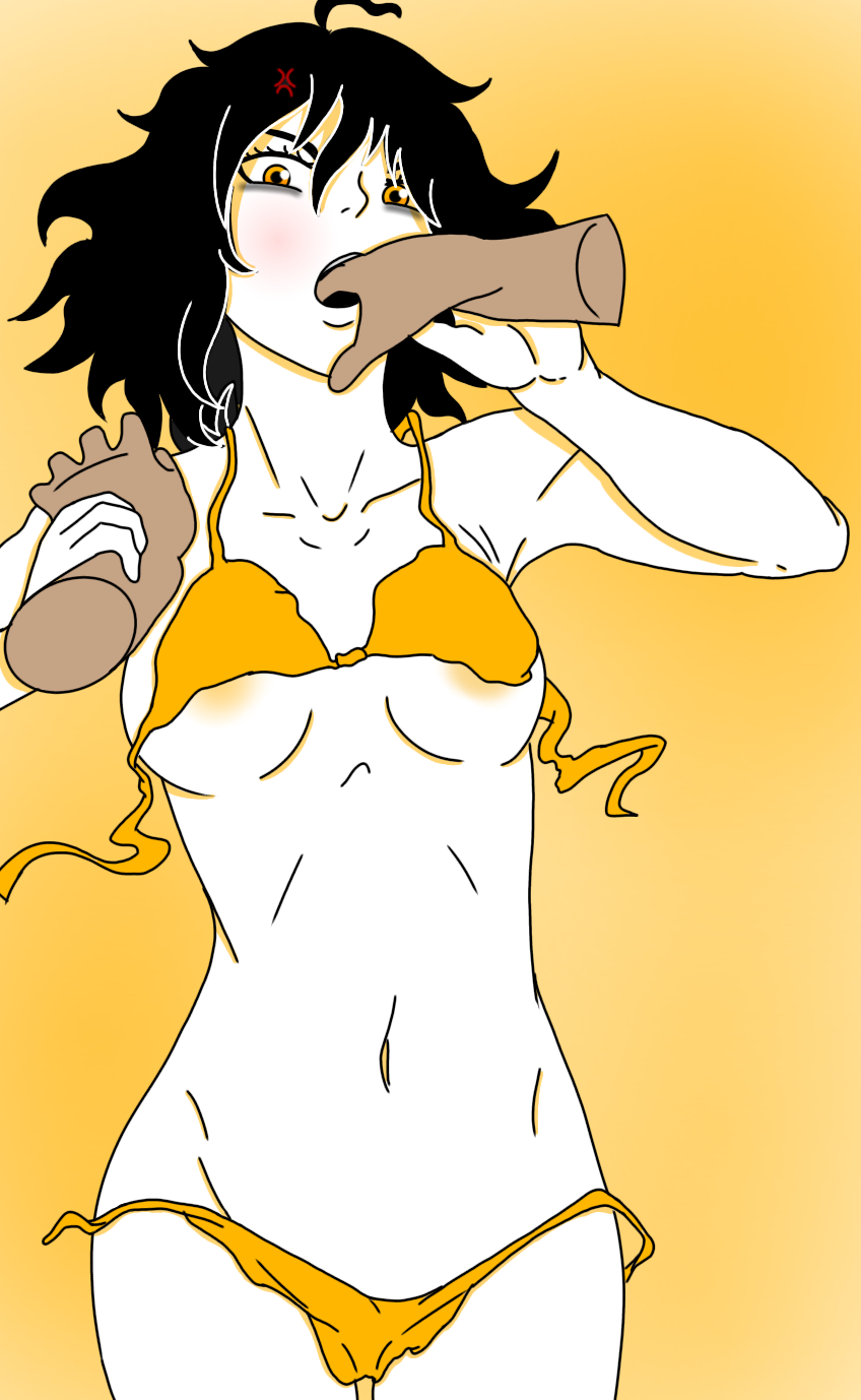 angry angry_expression angry_face baggy_eyes bags_under_eyes bikini black_hair faceless_male female fingers_in_mouth fredd lechera masterlasheron short_hair tagme toned_male white_skin yellow_background yellow_bikini yellow_eyes