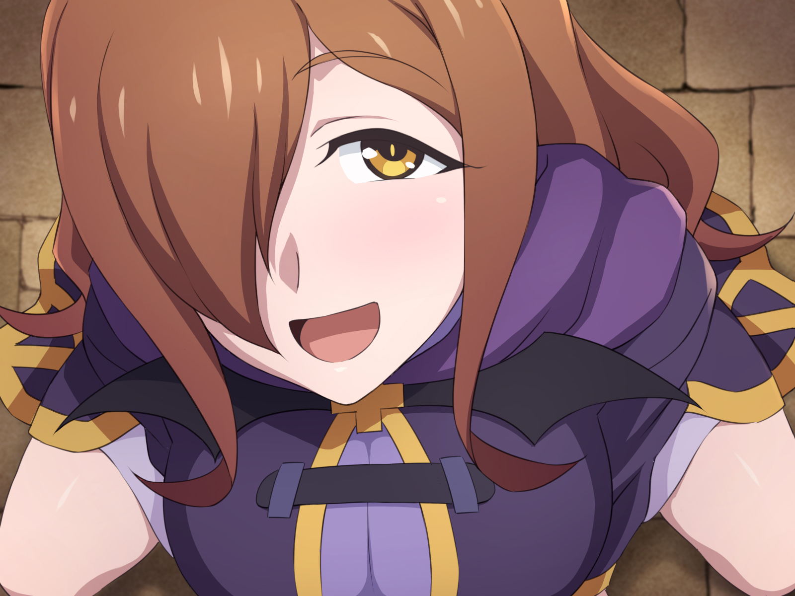 1girls, bare legs, brown hair, clothed, clothed female, cute, female, highres, kono subarashii sekai ni shukufuku wo!, legs, looking at viewer, open mouth, smiling, squatting, tedain, wiz (konosuba)