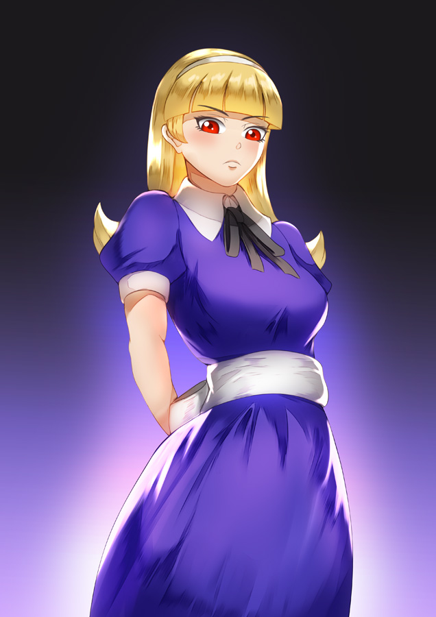 1girls aged_up alice alice_(megami_tensei) blonde_hair blue_clothing clothing demon demon_girl dress female humanoid jpeg pale_skin red_eyes shin_megami_tensei white_ribbon