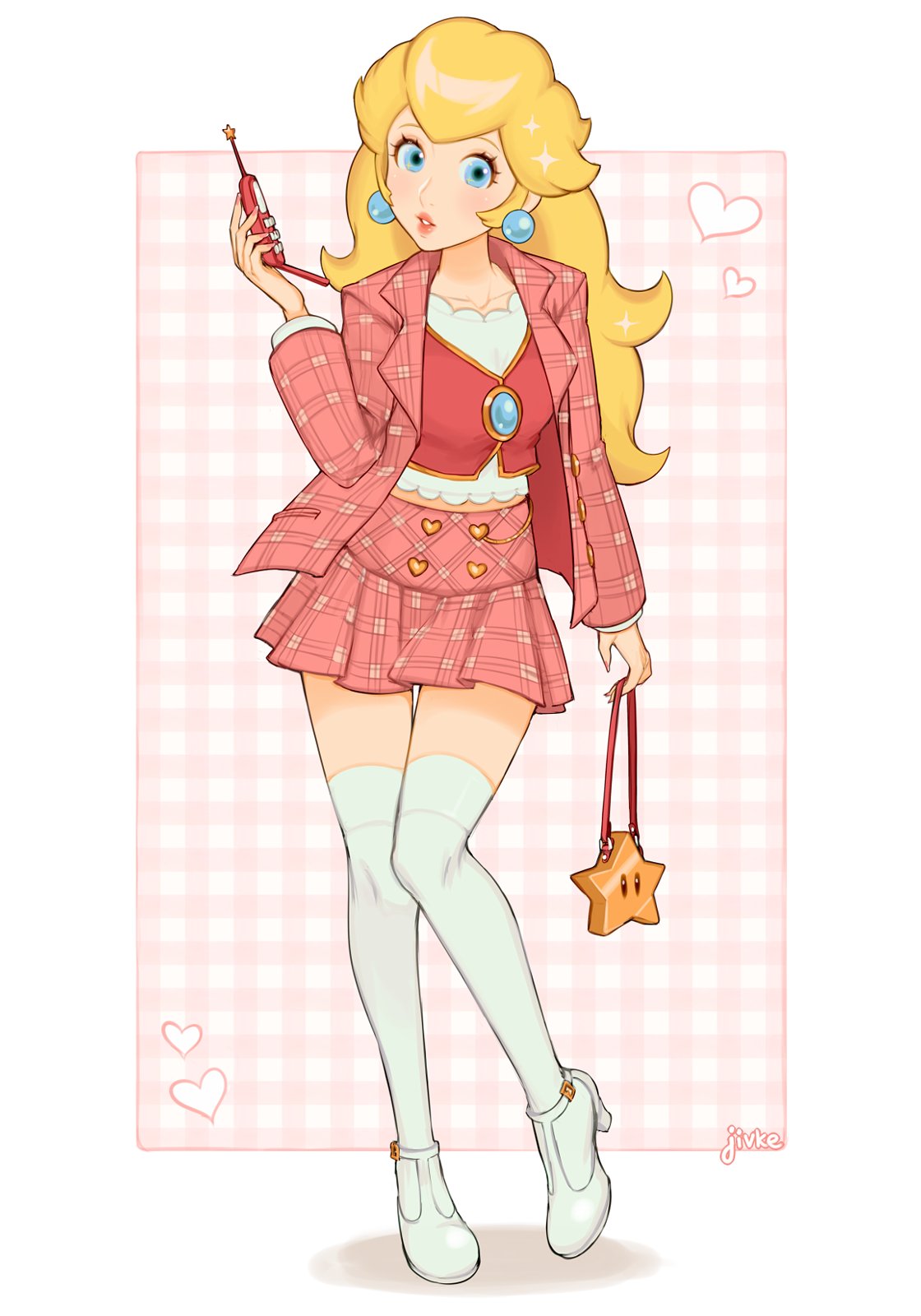 1girls blonde_hair blue_eyes breasts brooch cellphone coat earrings flip_phone high_heels holding_purse jivke long_hair looking_at_viewer mario_(series) medium_breasts nintendo painted_fingernails phone plaid plaid_skirt princess_peach purse school_uniform thighhighs