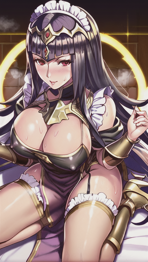 ai generated, ass, boob window, breasts, female, fire emblem, fire emblem awakening, high heels, huge breasts, kneeling, large breasts, long hair, looking at viewer, maid, maid uniform, nintendo, nipple bulge, red eyes, steam, stockings, sweat, sweatdrop, sweating, tharja (fire emblem), thick ass, thick thighs, thighhighs