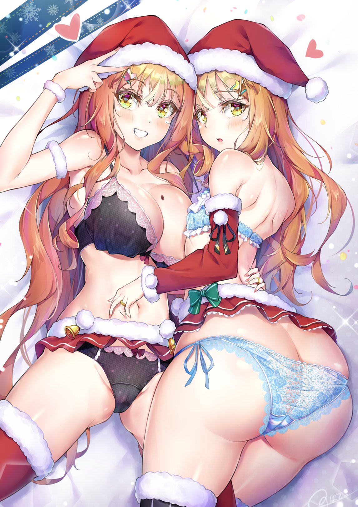 big_breasts brother_and_sister brown_hair christmas femboy huge_ass huge_breasts natsusora_aona natsusora_wakana nobady peace_sign santa_hat siblings smiling trap twins v_sign wide_hips