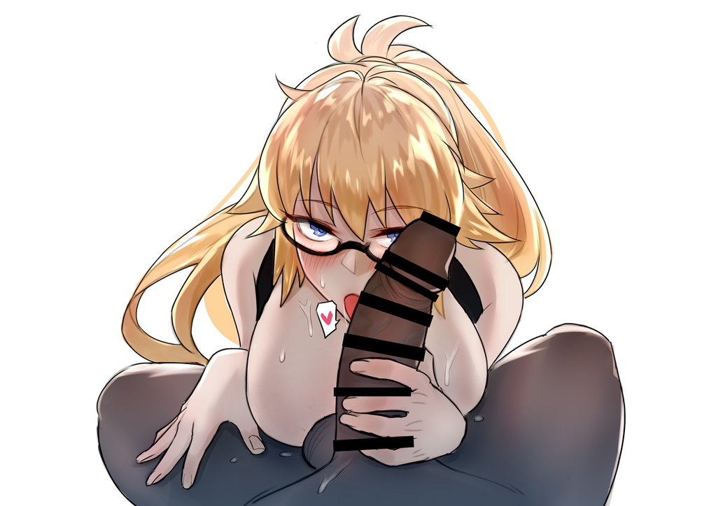 1boy 1girls black_bikini_top blonde_hair blue_eyes blush censor_bar censored censored_penis cock_in_hand cock_worship covered_breasts dark-skinned_male dark_skin fate/grand_order fate_(series) glasses holding_penis huge_breasts huge_cock interracial jeanne_d'arc_(fate) jeanne_d'arc_(swimsuit_archer) kneeling kohakv large_breasts licking_penis light-skinned_female light_skin long_hair looking_at_viewer submissive_female sweat white_female