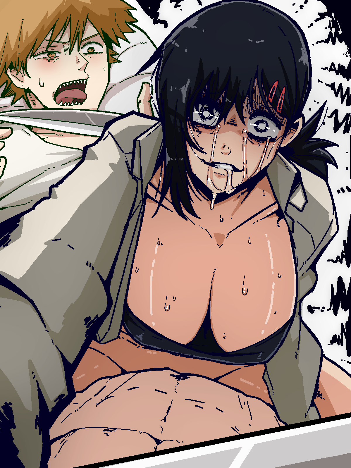 1boy, 1girls, big breasts, black hair, black-haired female, blonde hair, blonde-haired male, breasts, chainsaw man, crazy eyes, crying, denji (chainsaw man), eye contact, female, female on top, female rapist, femdom, higashiyama kobeni, knife, looking at viewer, male, male rape victim, malesub, mark gavatino, partially clothed, rape, reverse rape, saliva, sharp teeth, short hair, sweat, sweatdrop, tears, thick thighs, thighs, yandere