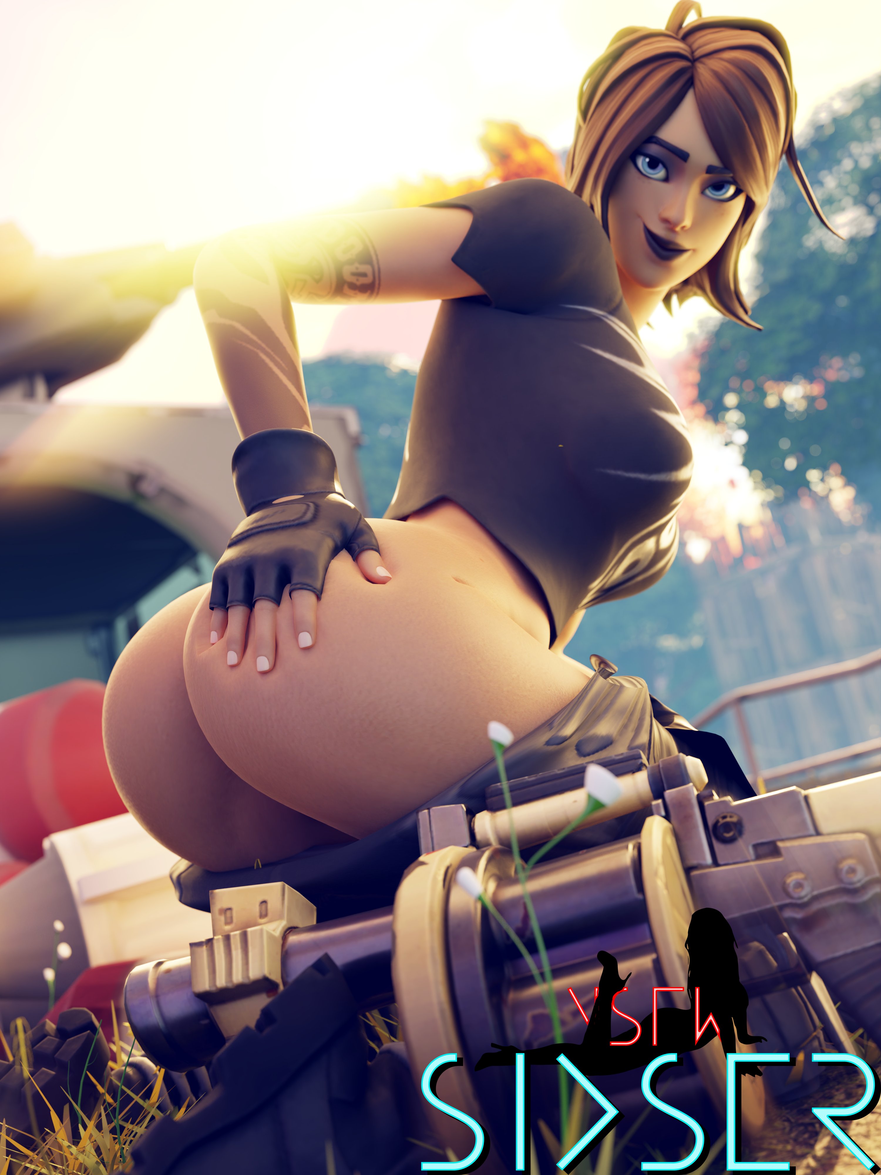 1girls, 3d, arm tattoo, ass, ass grab, black lipstick, blue eyes, brown hair, female, female only, fortnite, gloves, pants down, sixser, solo, tattoo, tntina, tntina (shadow), weapon
