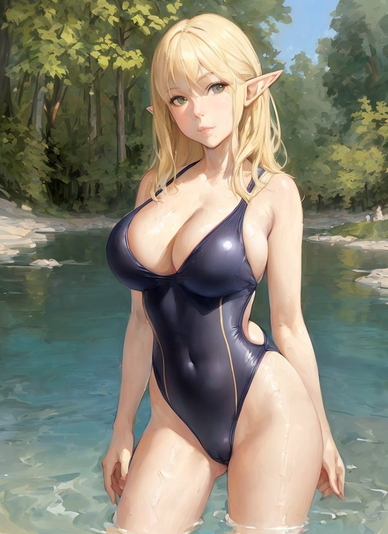 2023, ai generated, blonde hair, curvy female, elf ears, elf female, elf girl, female, female focus, female only, long hair, looking at viewer, nai diffusion, one-piece swimsuit, seductive look, shiny clothes, stable diffusion, swimsuit, tight clothing, voluptuous female, wet body