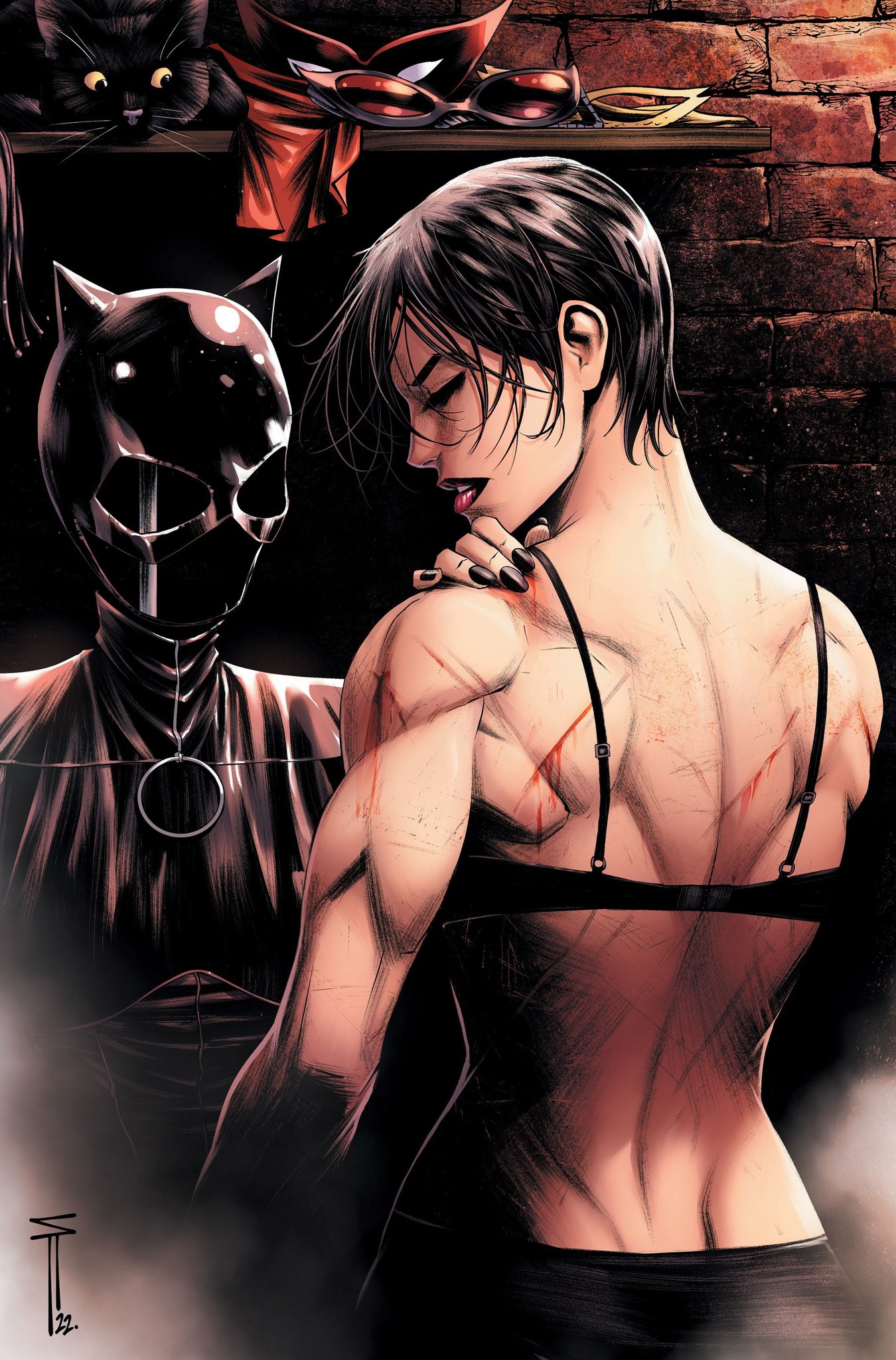 1girls, 2022, back, back view, batman (series), black hair, bra, buff, catwoman, cover page, dc, dc comics, female, female only, fit, fit female, light skin, light-skinned female, lipstick, muscular, muscular female, scar, scars, selina kyle, sergio acuna, short hair, solo, straight hair, tomboy, underwear, wide hips