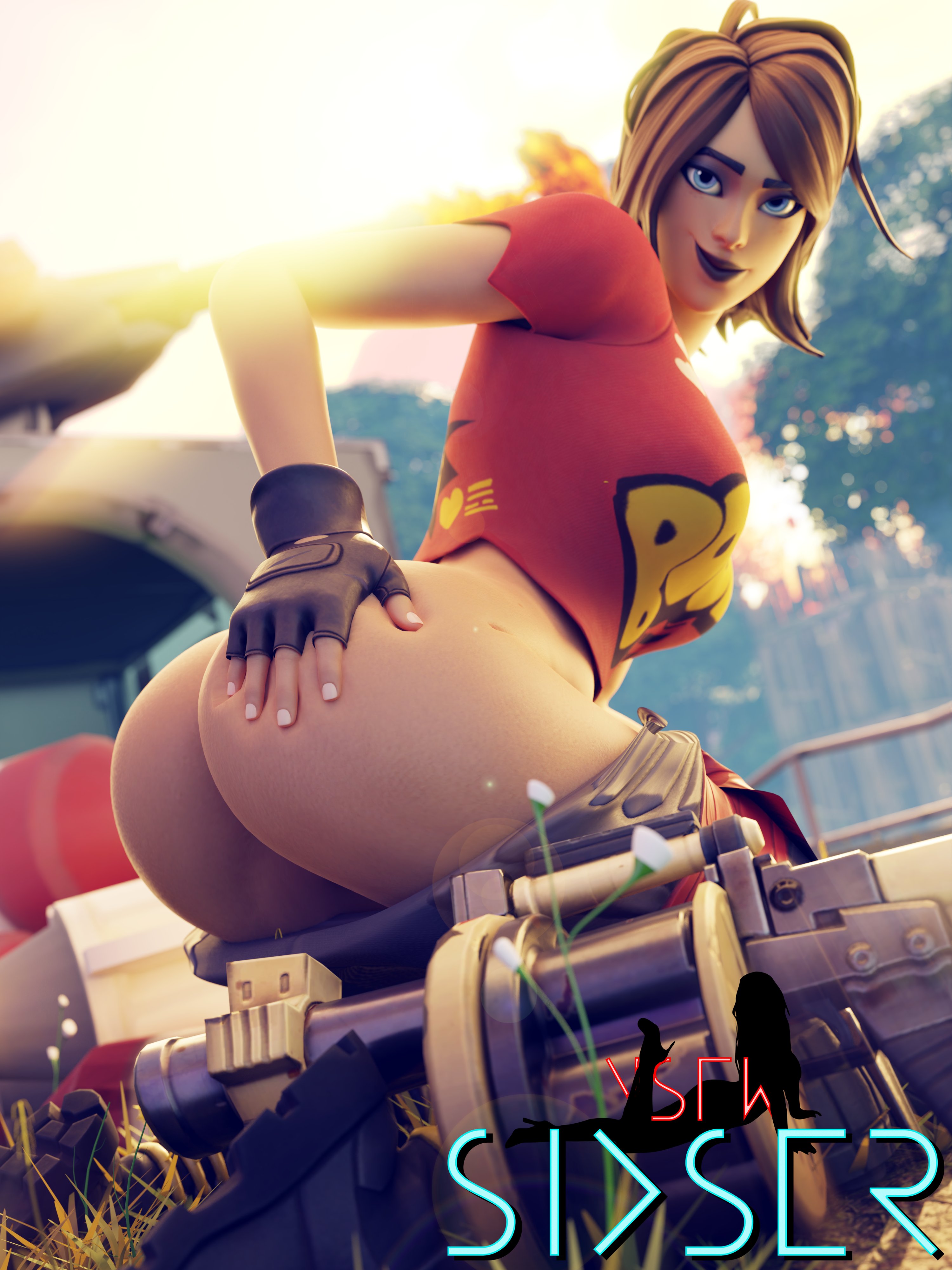 1girls, 3d, ass, ass grab, black lipstick, blue eyes, brown hair, female, female only, fortnite, gloves, pants down, sixser, solo, tntina, weapon